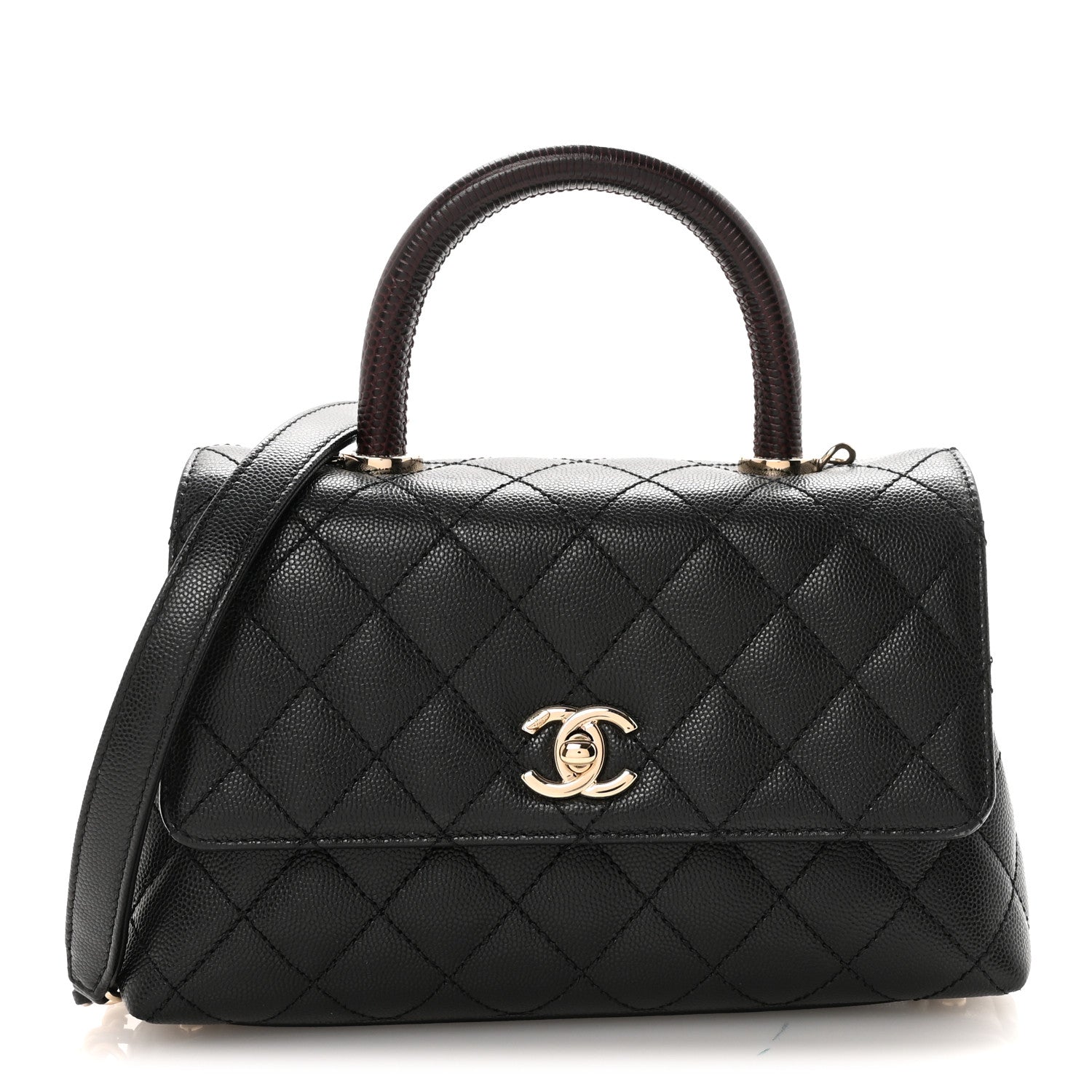 Caviar Lizard Embossed Quilted Mini Coco Handle Flap Black