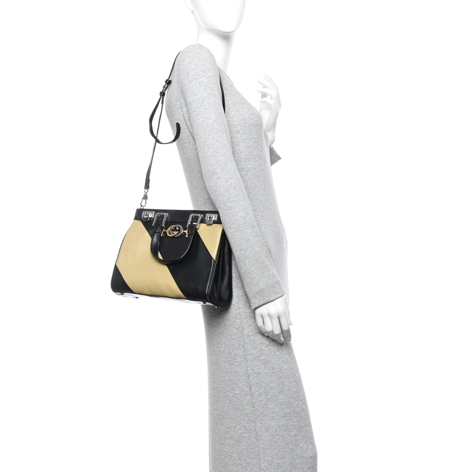Smooth Calfskin Diagonal Striped Small Zumi Top Handle Bag Black Beige