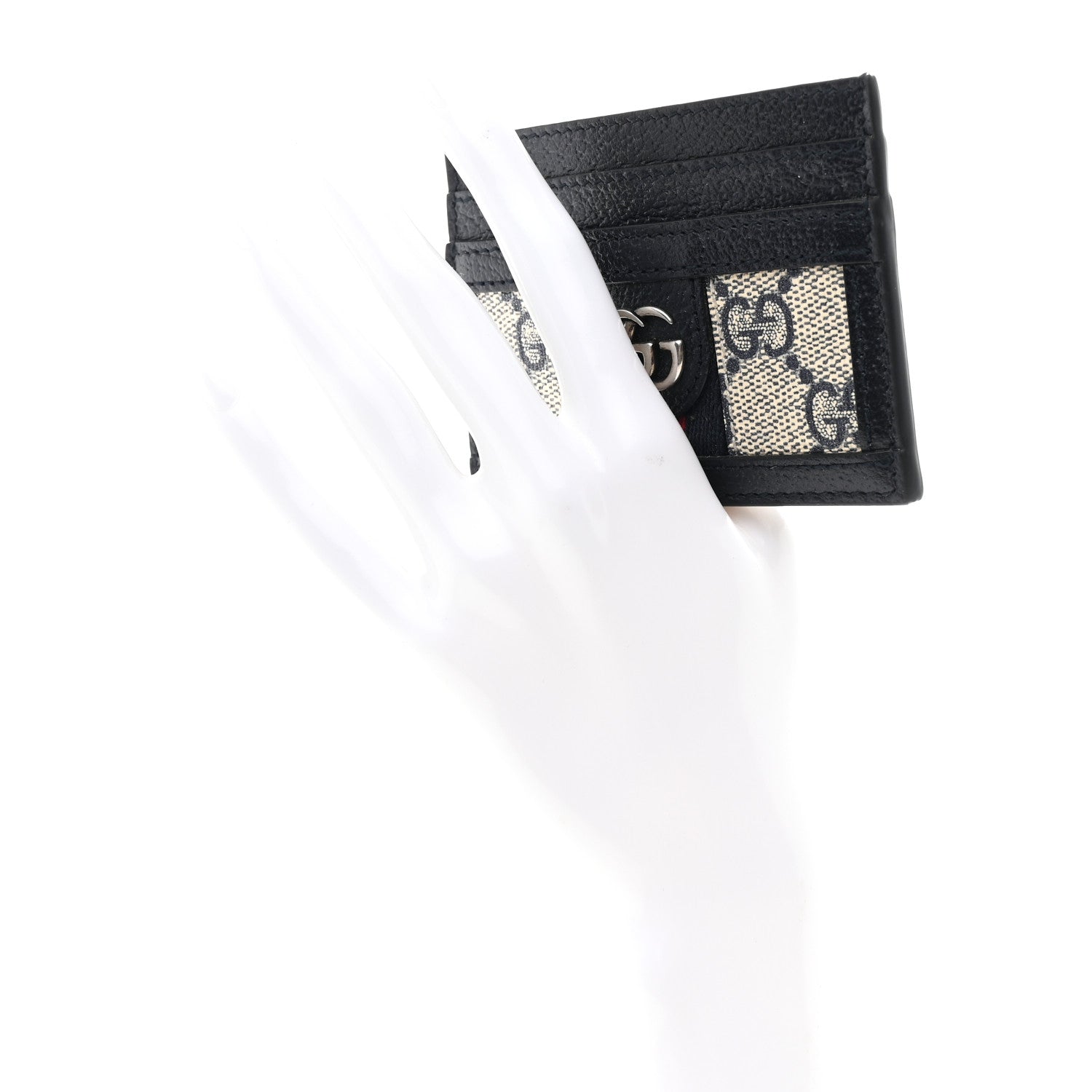 GG Supreme Monogram Textured Dollar Calfskin Web Ophidia Card Holder Beige Blue