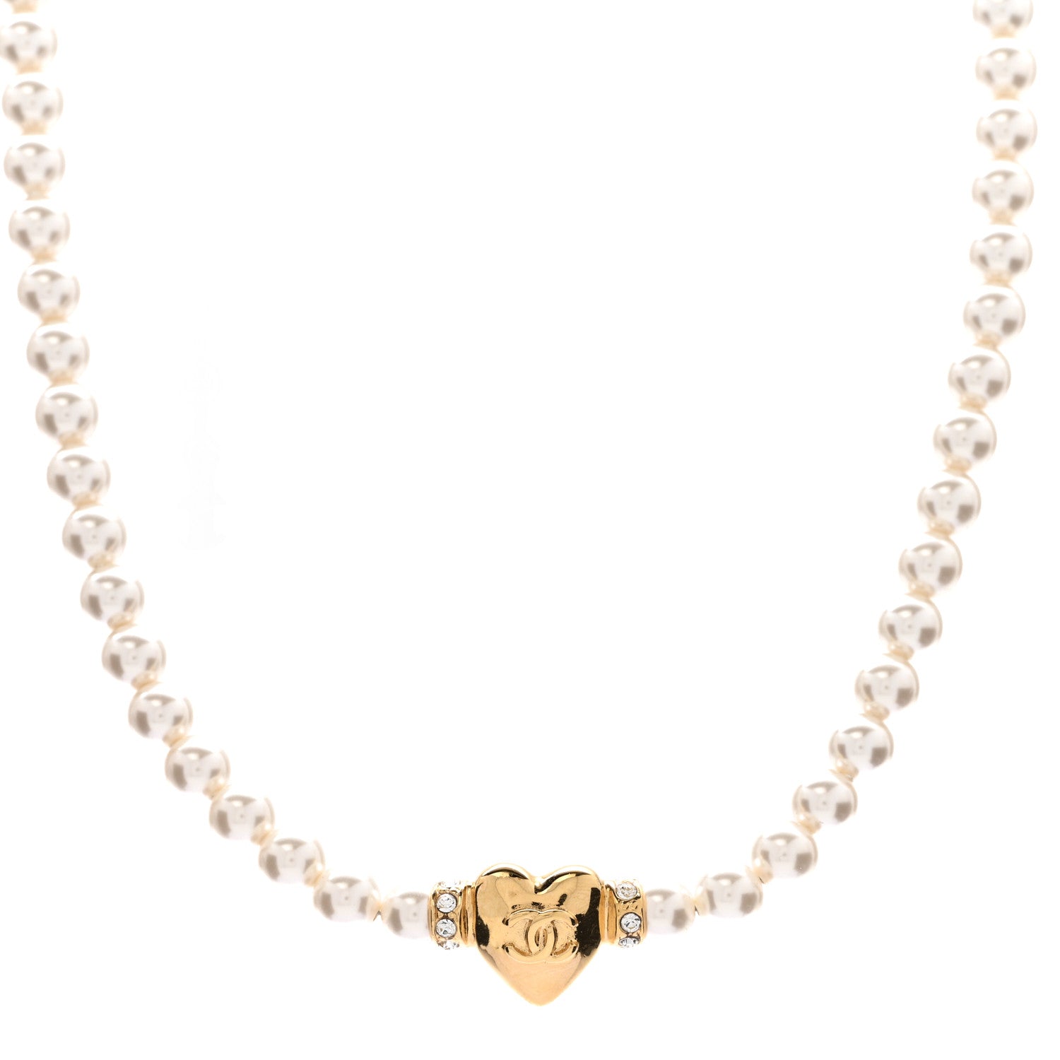 Crystal Pearl CC Heart Choker Necklace Gold