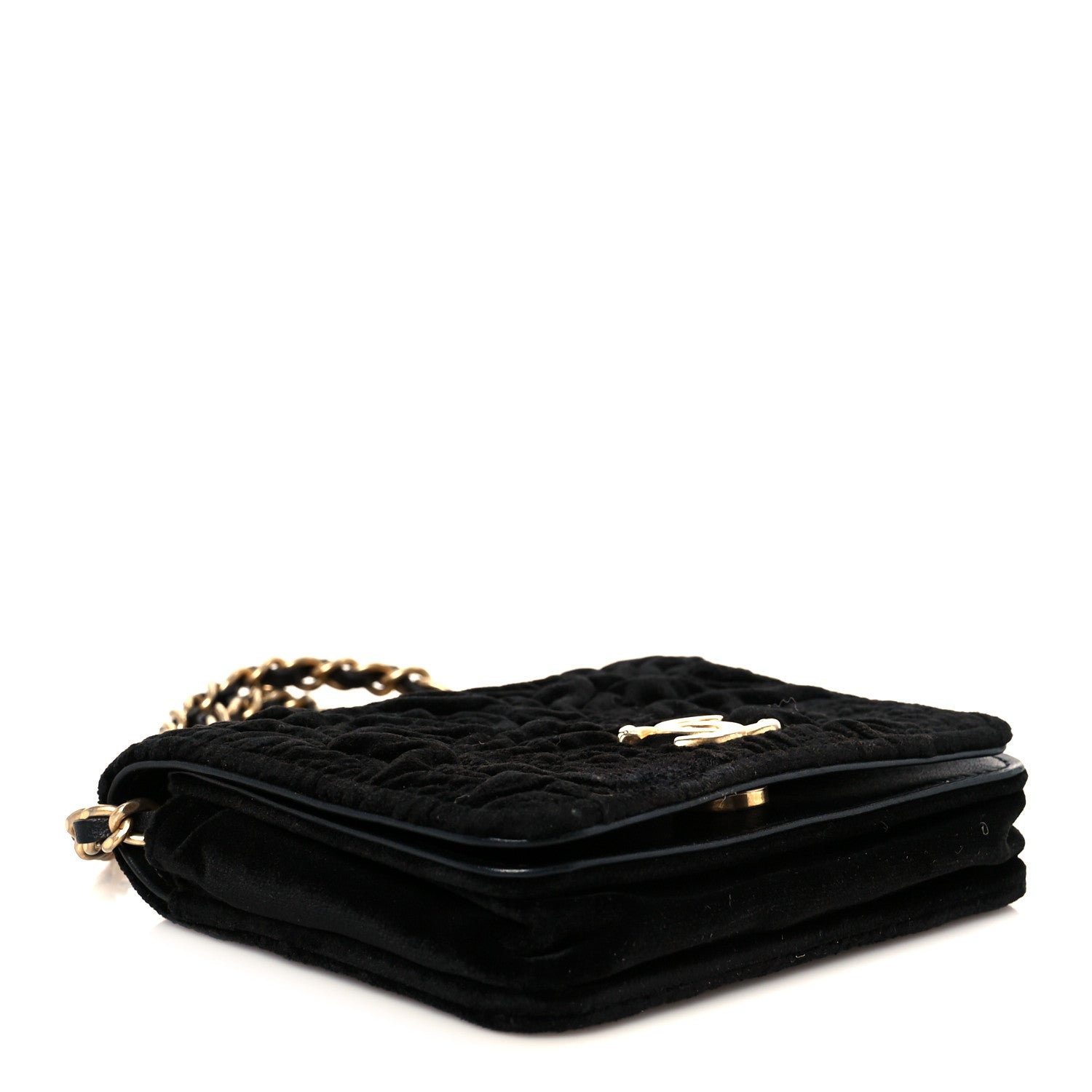 Velvet Quilted Camellia Velvet Flap Coin Purse With Chain Black