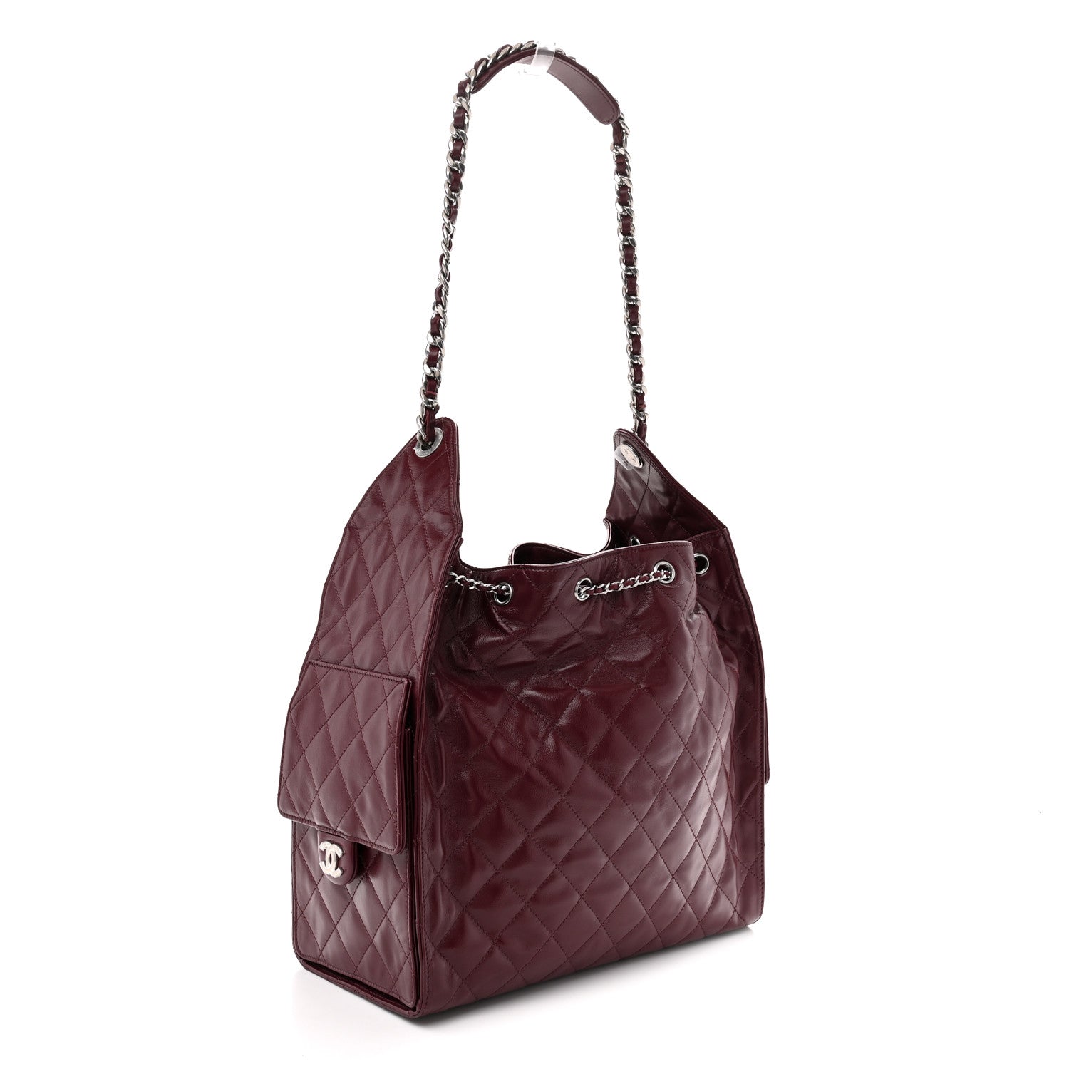 Shiny Crumpled Calfskin Quilted Medium Chanel 25 Handbag Dark Burgundy