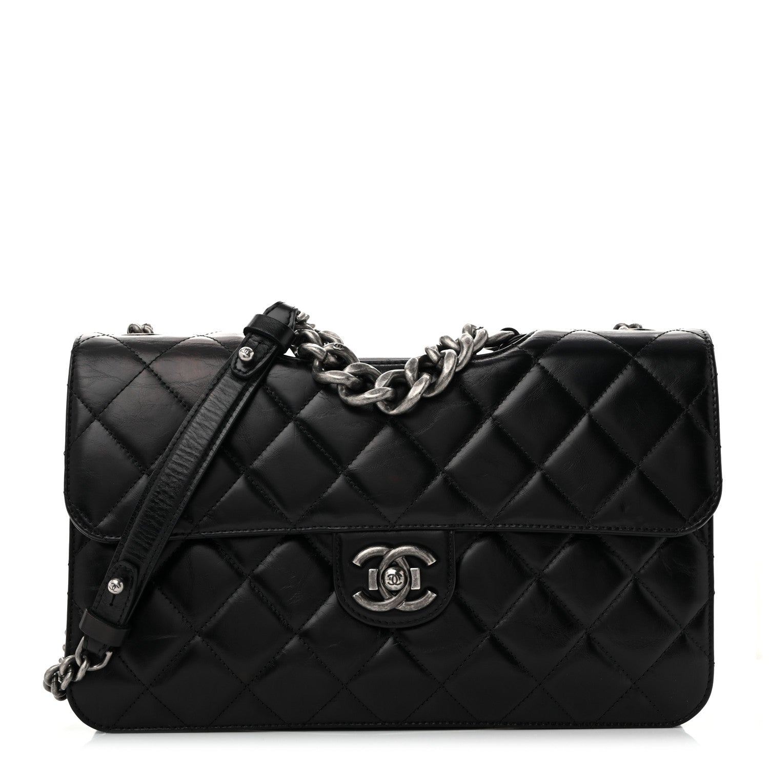 Glazed Calfskin Quilted Large Perfect Edge Flap Black