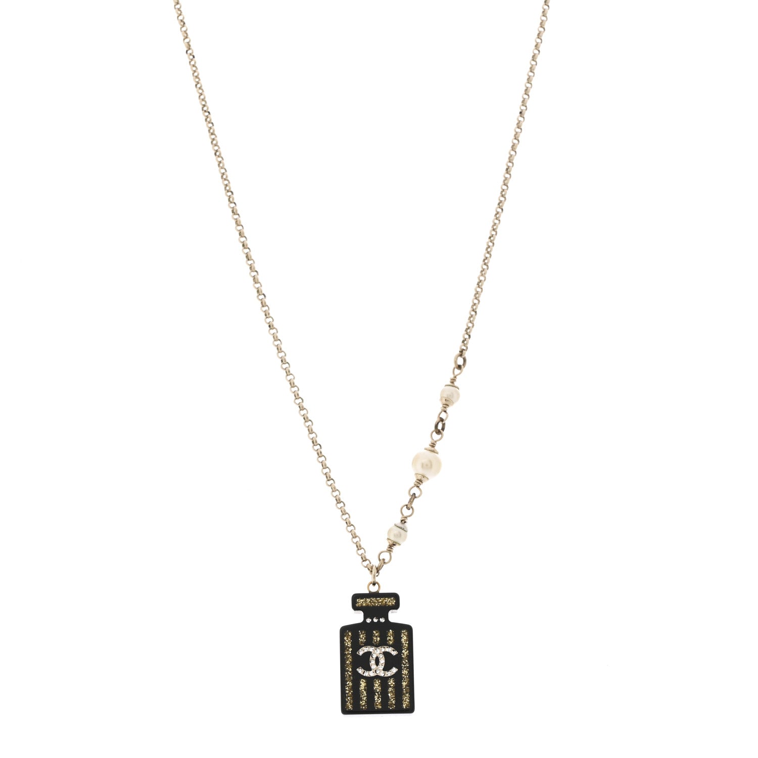 Pearl Resin Strass Perfume Bottle CC Necklace Black Gold