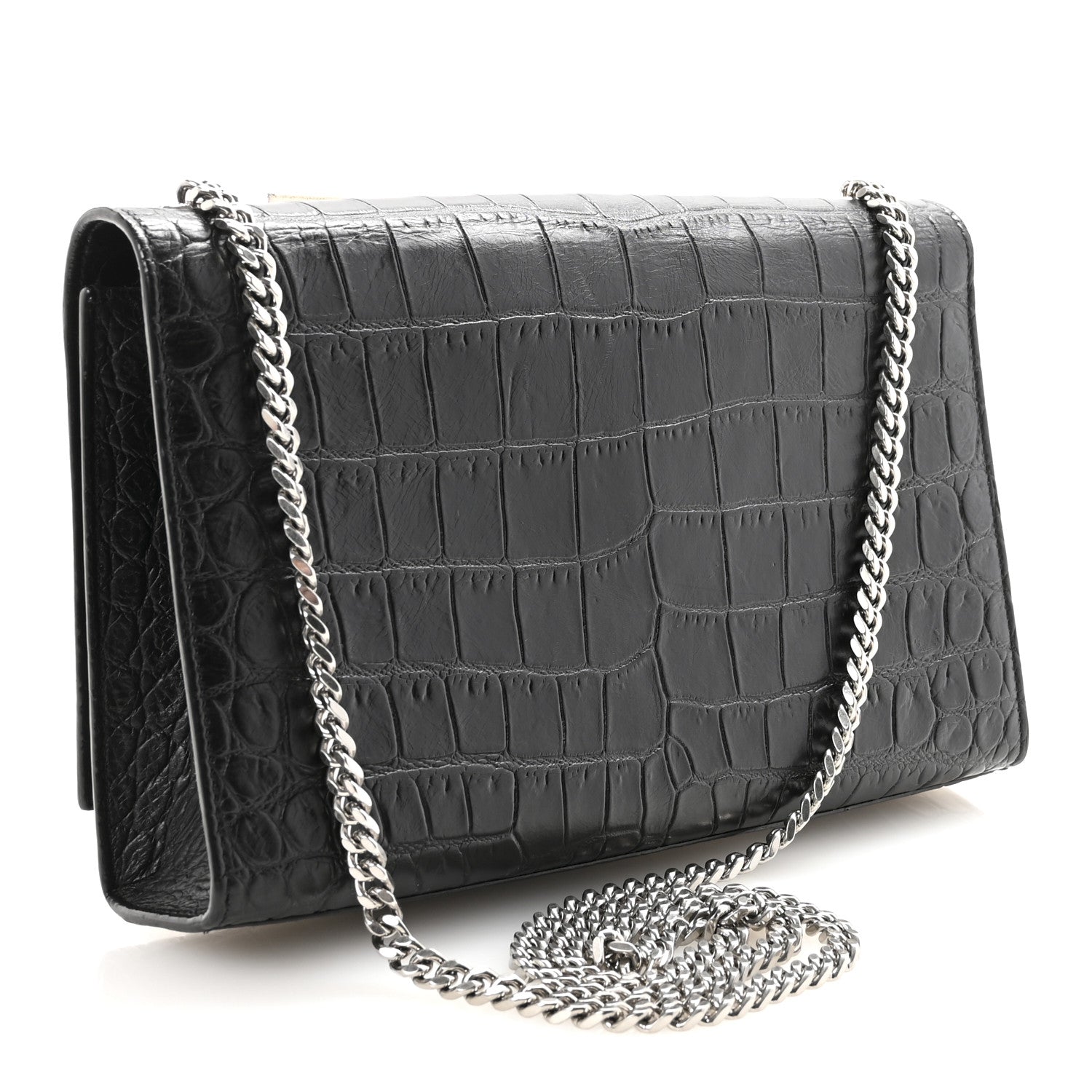 Calfskin Crocodile Embossed Medium Classic Monogram Kate Tassel Satchel Black
