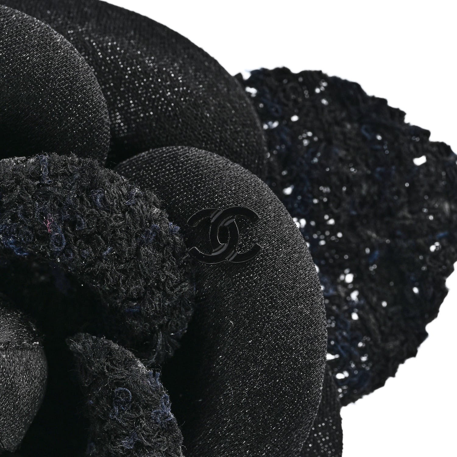 Tweed Fabric Camellia Pin Brooch Navy Blue Black