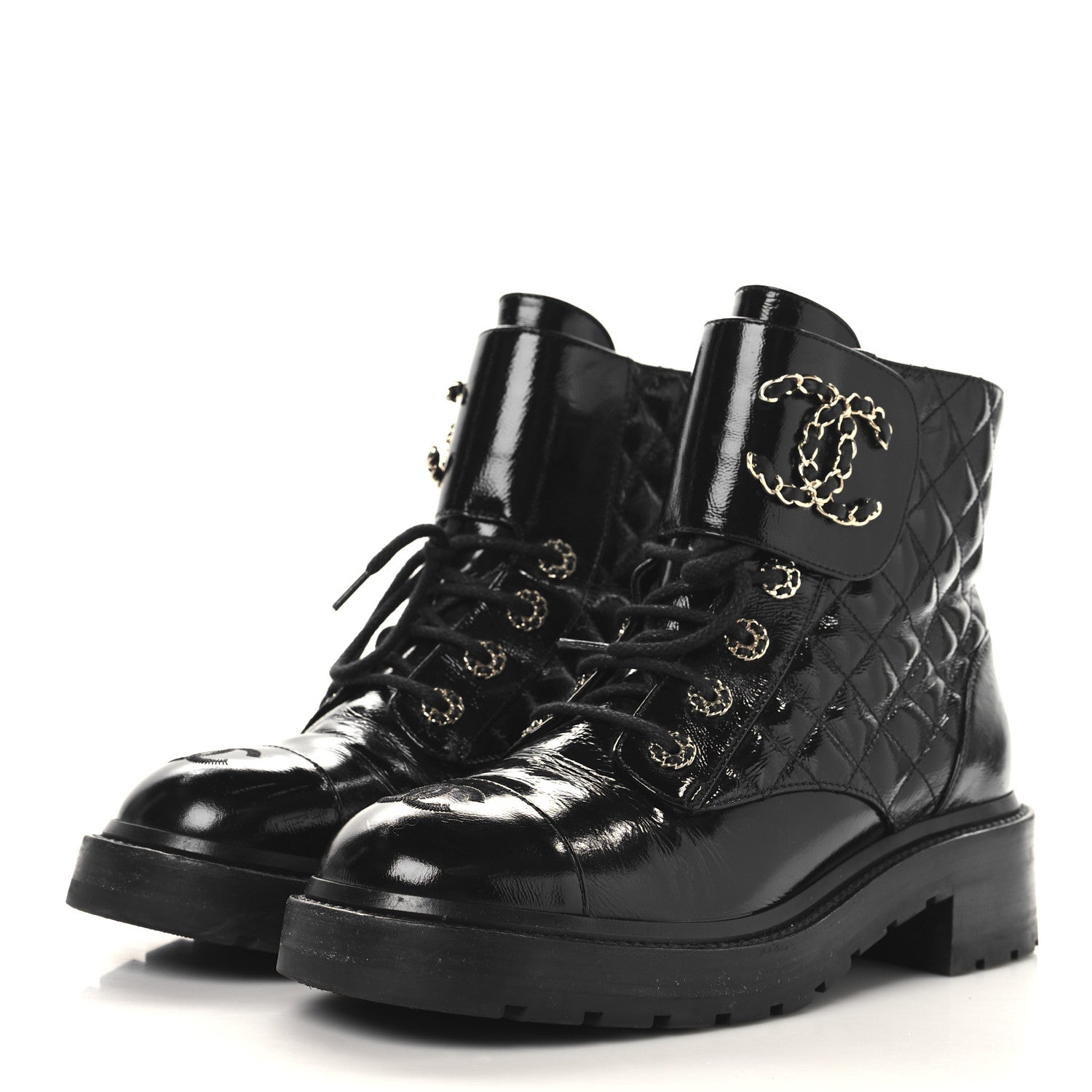Shiny Calfskin Quilted Lace Up Combat Boots 39 Black