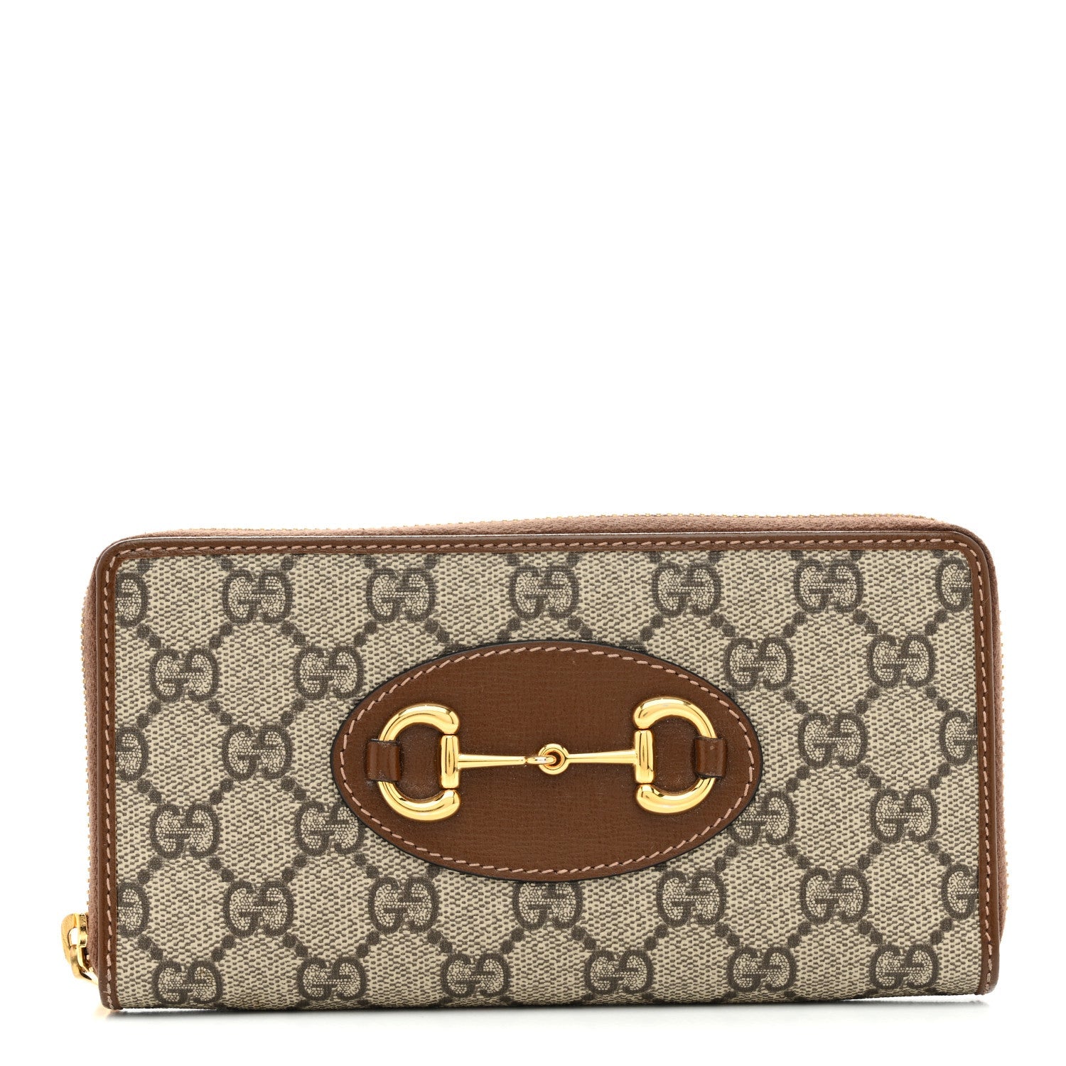 GG Supreme Monogram Azalea Calfskin Horsebit 1955 Zip Around Wallet Beige Ebony Brown Sugar
