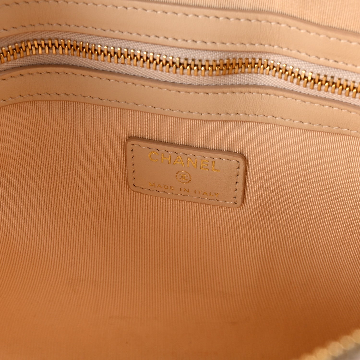 Shiny Goatskin Quilted Chanel 19 Pouch Beige