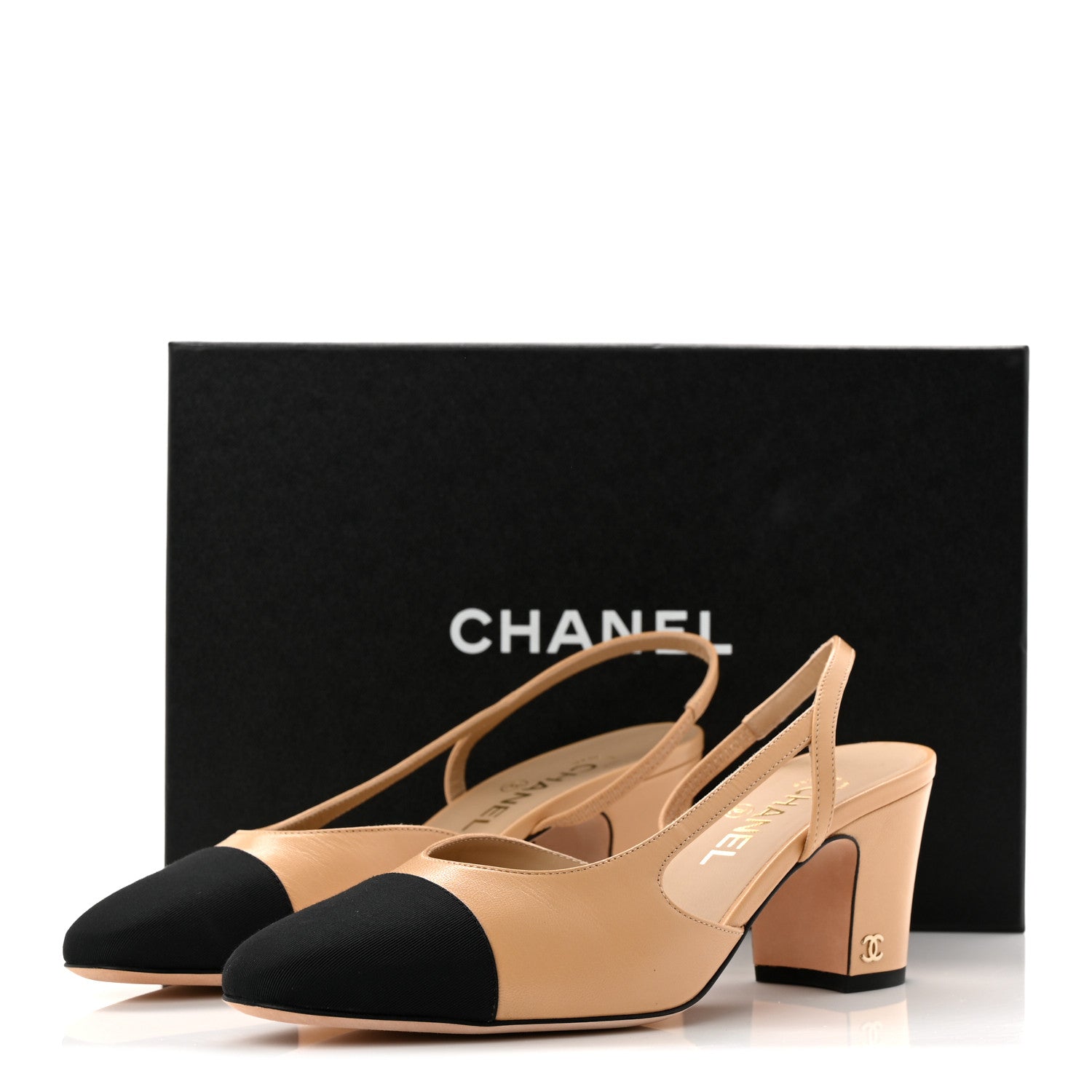 Goatskin Grosgrain Cap Toe CC Slingback Pumps 39 Beige Black