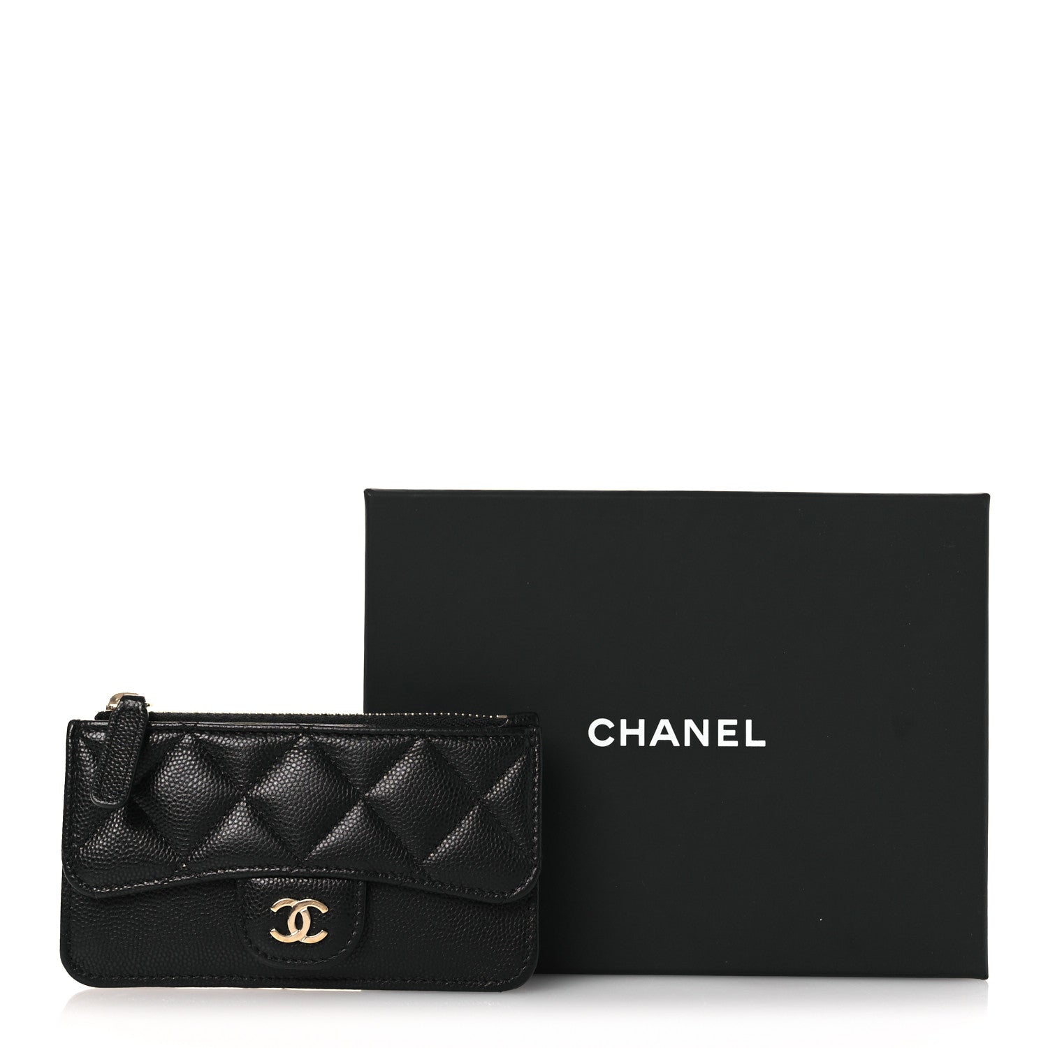 Caviar Quilted Flap Zip Card Holder Black