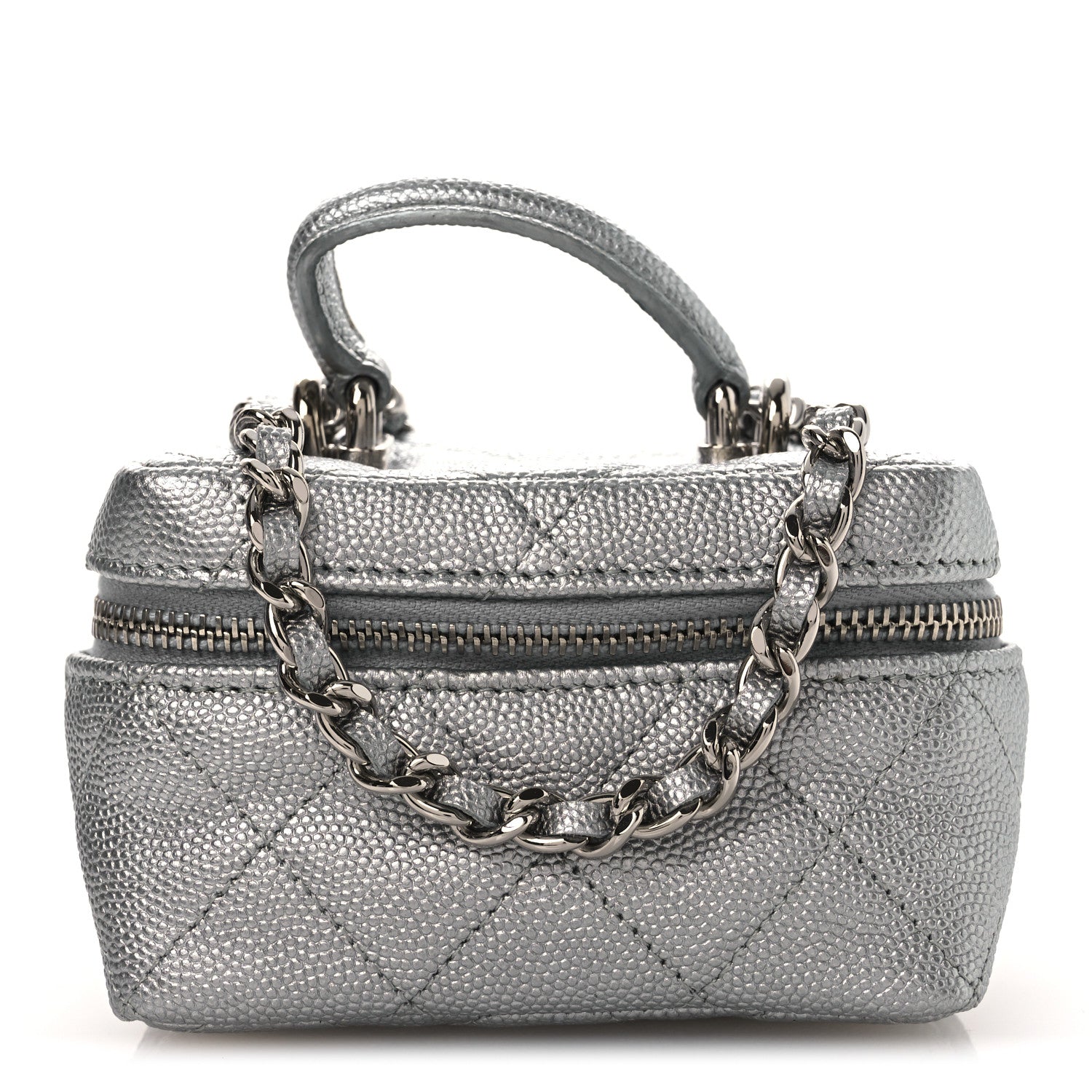 Metallic Caviar Quilted Mini Top Handle Vanity With Chain Silver