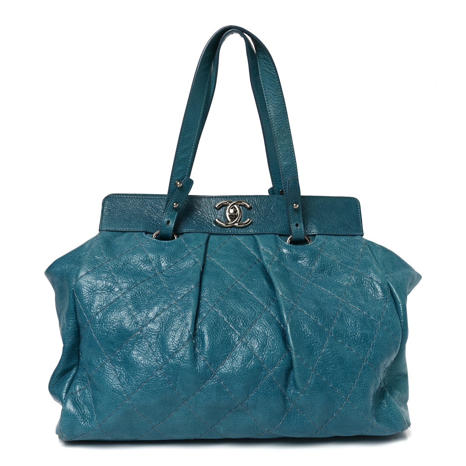 Glazed Calfskin Large On The Road Large Frame Tote Blue