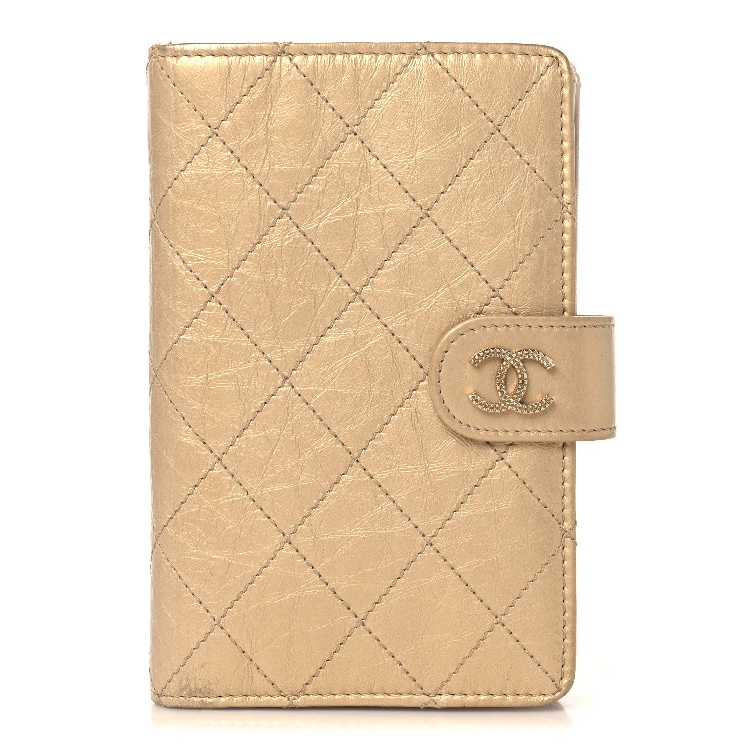 Metallic Calfskin Quilted Brilliant Zipped Pocket Wallet Gold