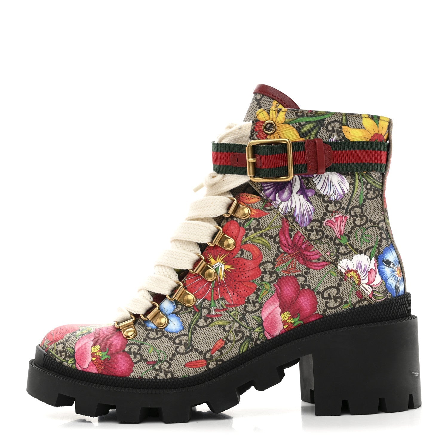 GG Supreme Monogram Flora Lace Up Combat Ankle Boots 37.5 Beige Multicolor Red