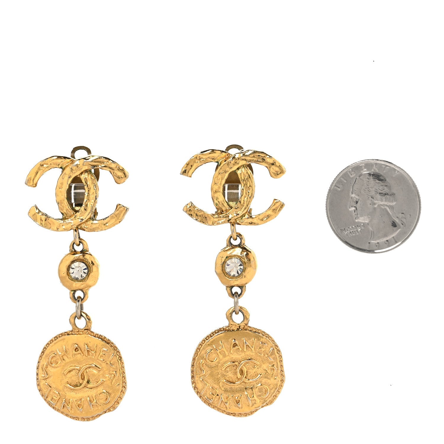 Metal CC Logo Drop Clip On Earrings Gold