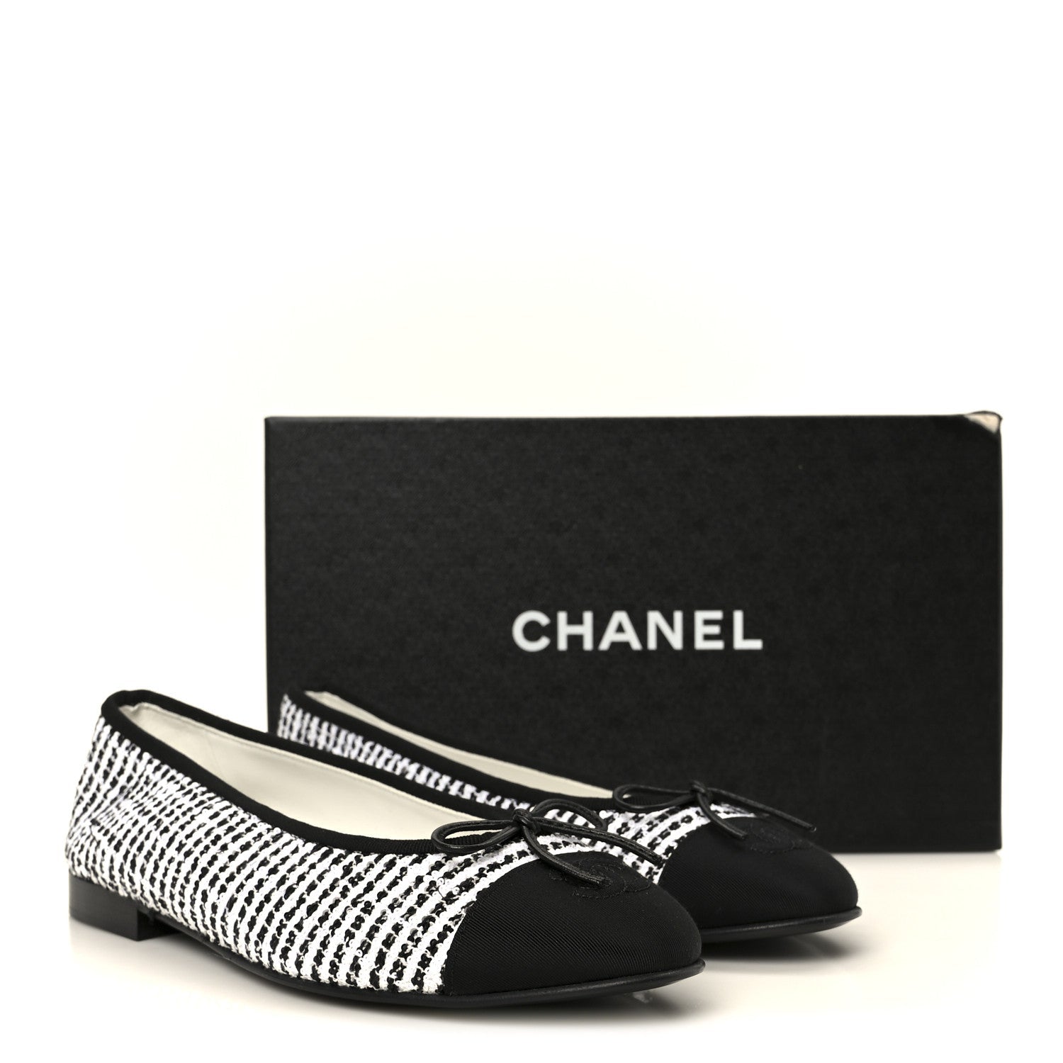 Tweed Sequin Grosgrain Cap Toe Ballerina Flats 39.5 Black White