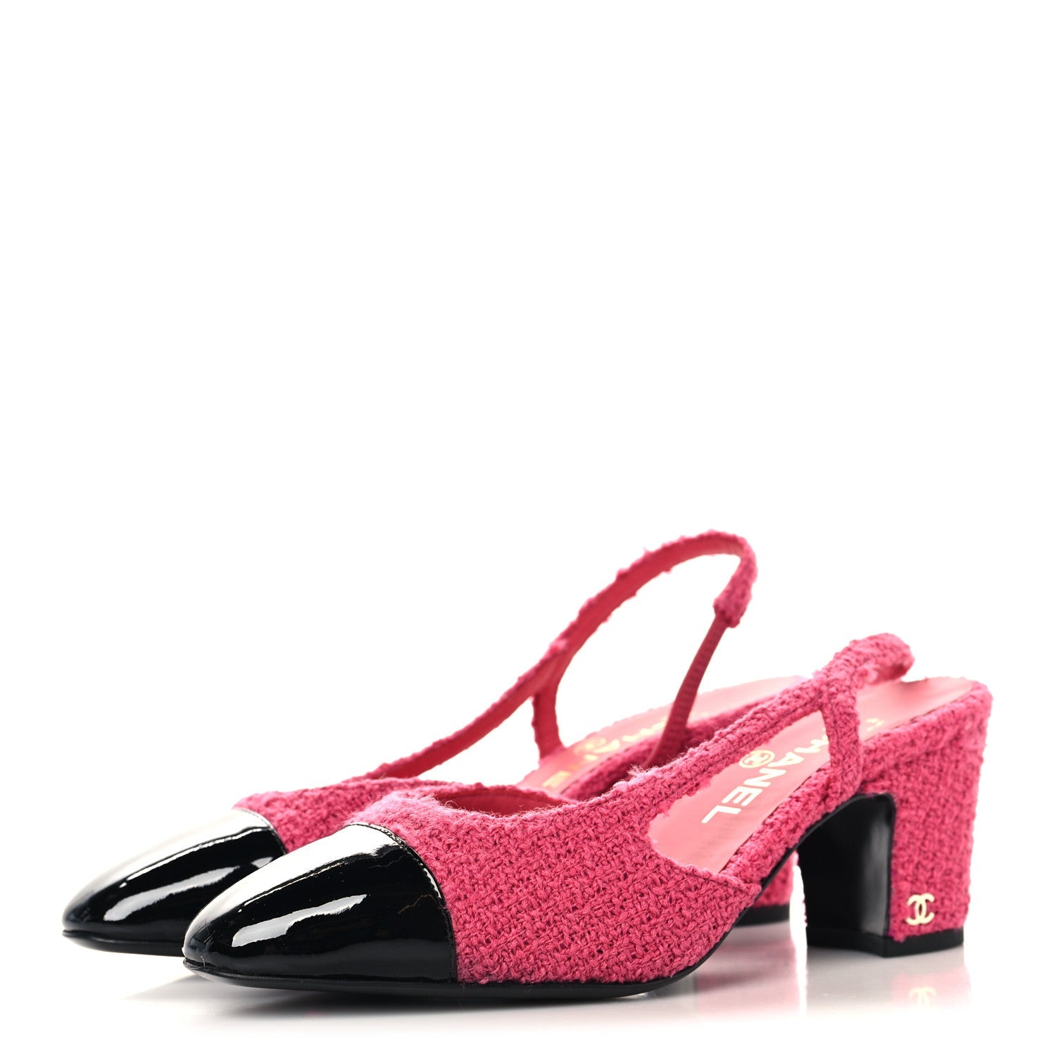 Tweed Patent Cap Toe CC Slingback Pumps 36.5 Pink Black