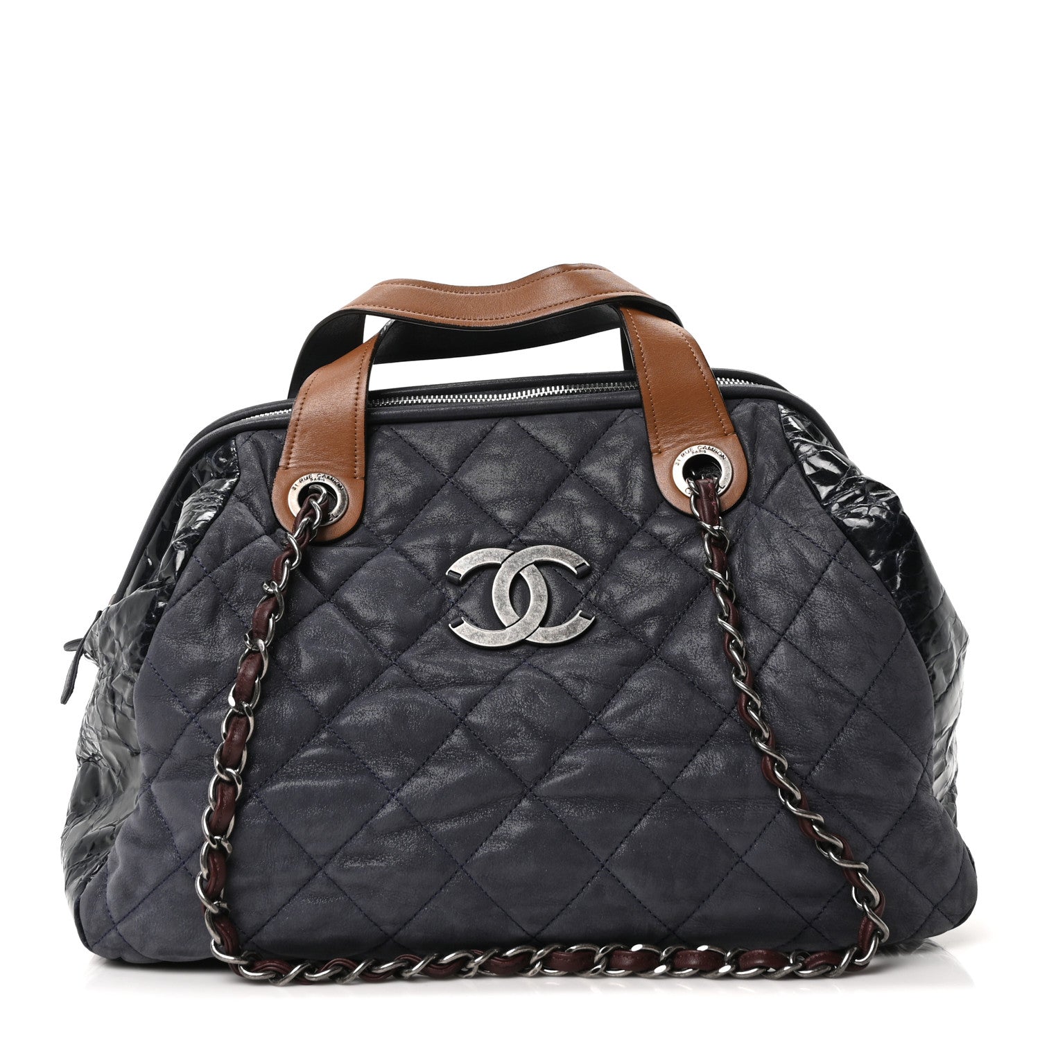 Iridescent Calfskin Quilted Large In The Mix Tote Navy