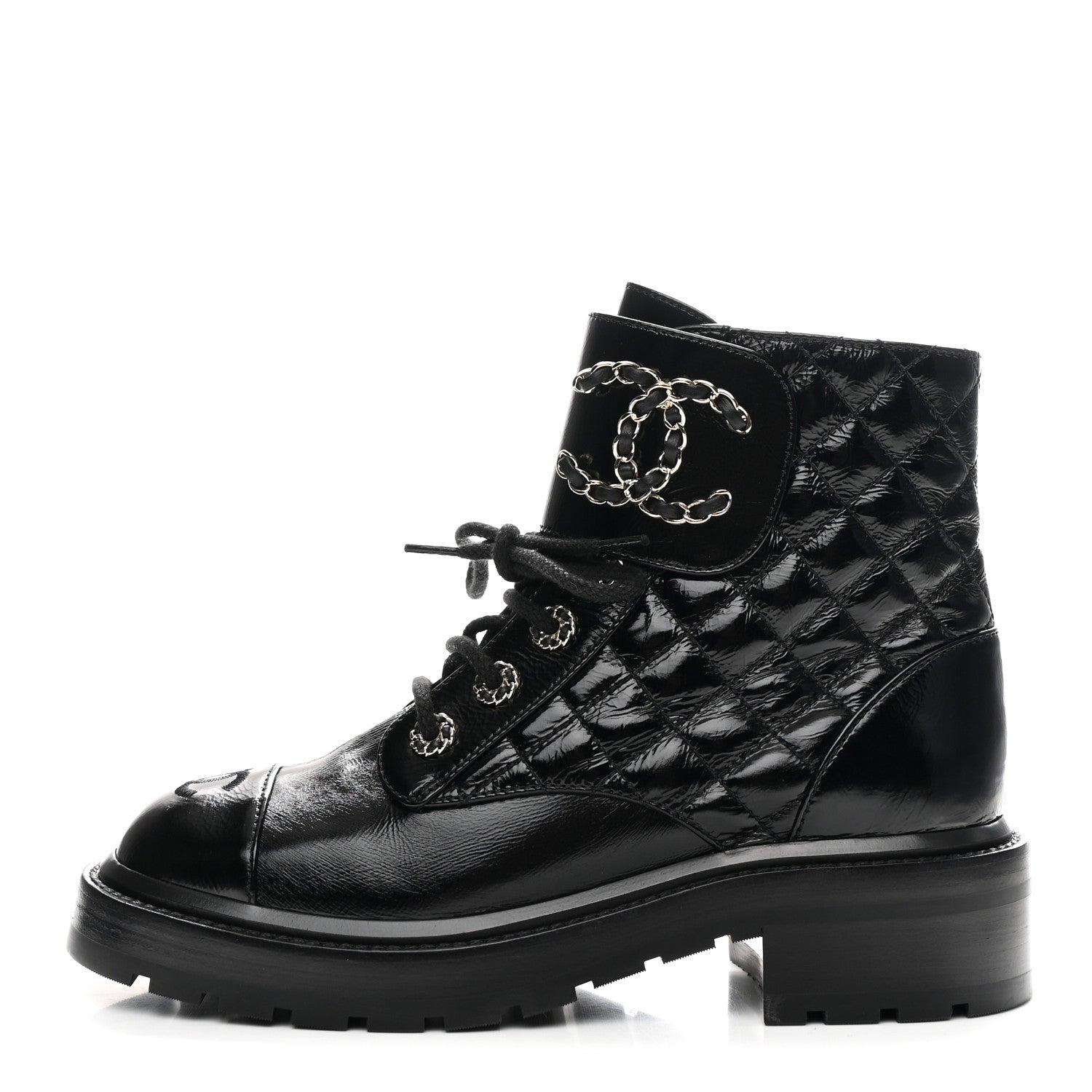 Shiny Calfskin Quilted Lace Up Combat Boots 36.5 Black