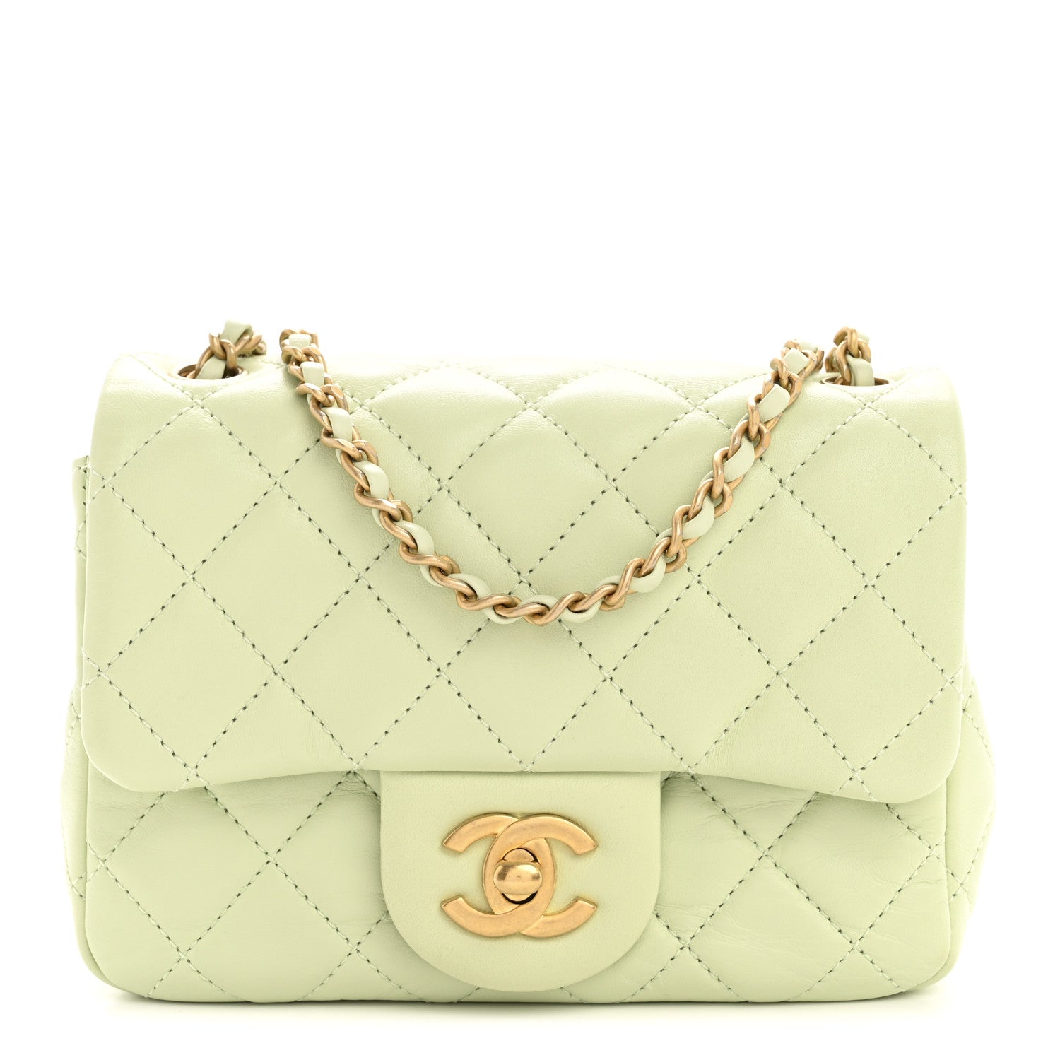 Lambskin Quilted Mini Pearl Crush Flap Light Green