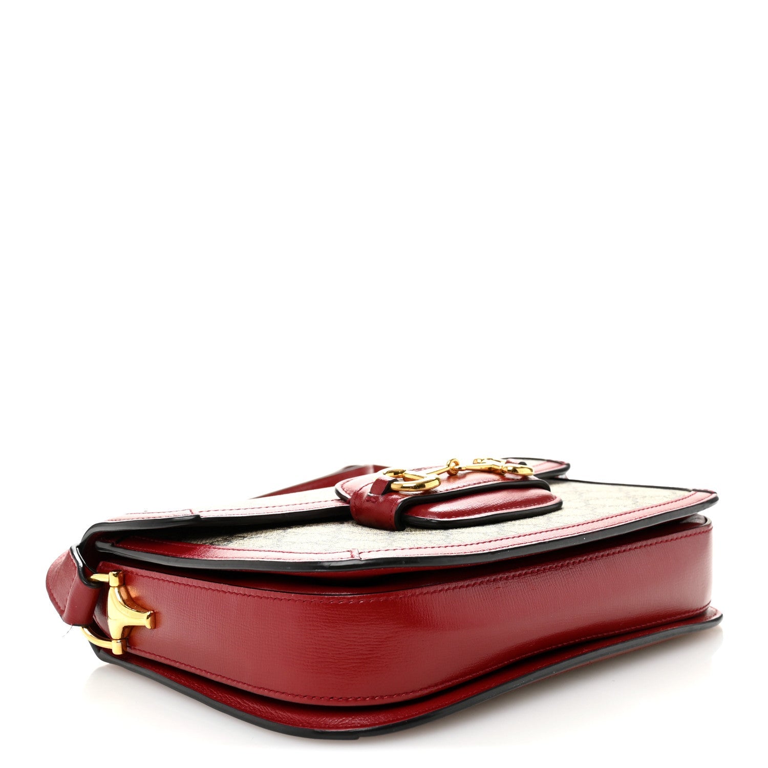 GG Supreme Monogram Azalea Calfskin Horsebit 1955 Shoulder Bag Beige Ebony New Cherry Red
