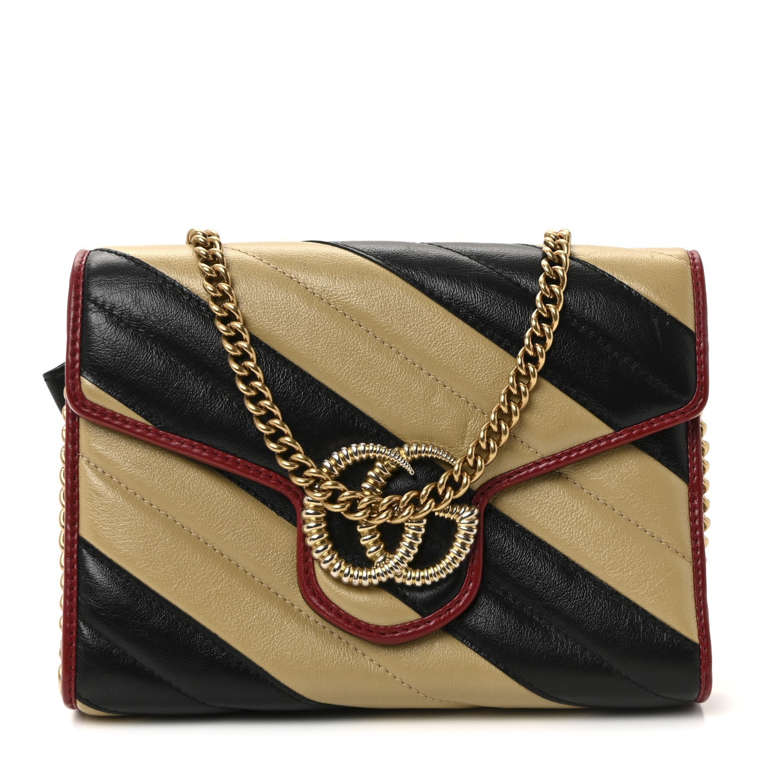Azalea Calfskin Matelasse Diagonal Patchwork Torchon GG Marmont Chain Wallet Black Beige Romantic Cerise