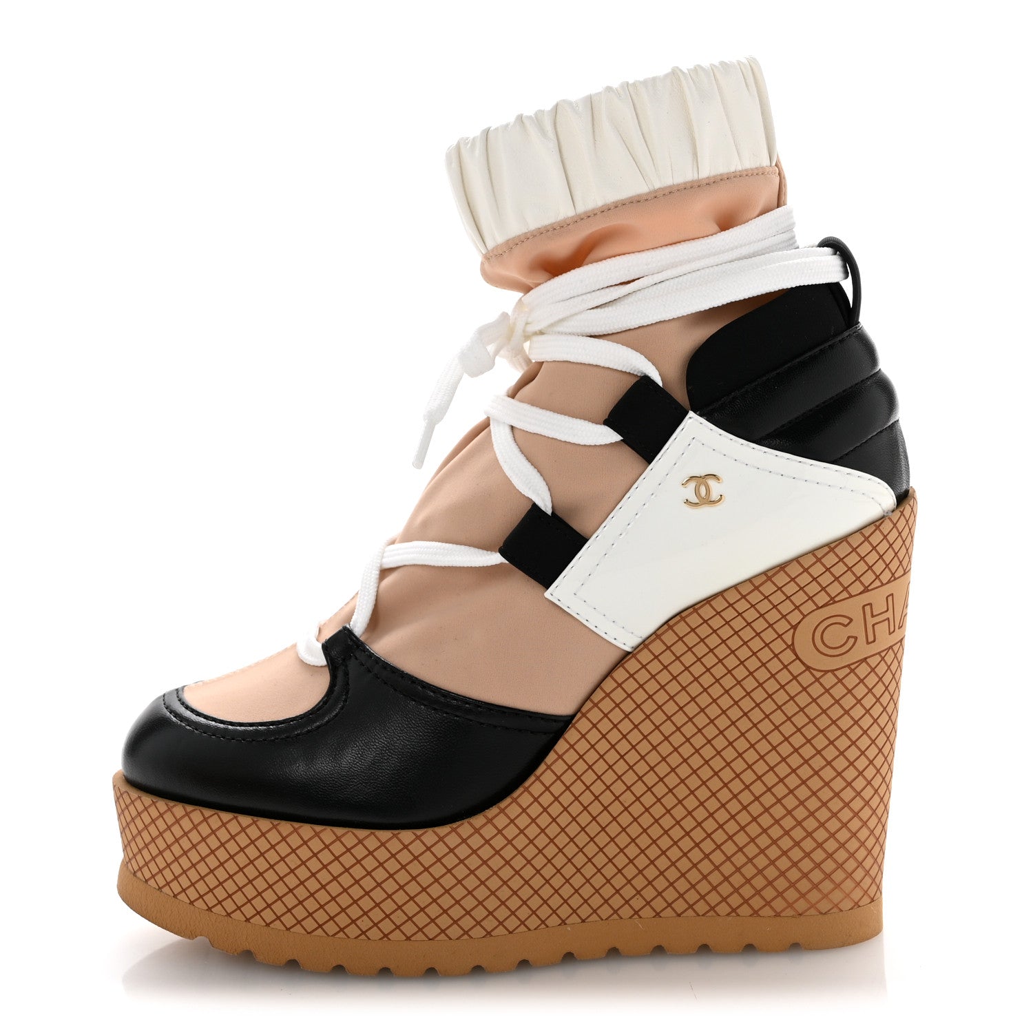 Fabric Lambskin Calfskin Runway Wedge Short Platform Boots 35.5 Black White Beige