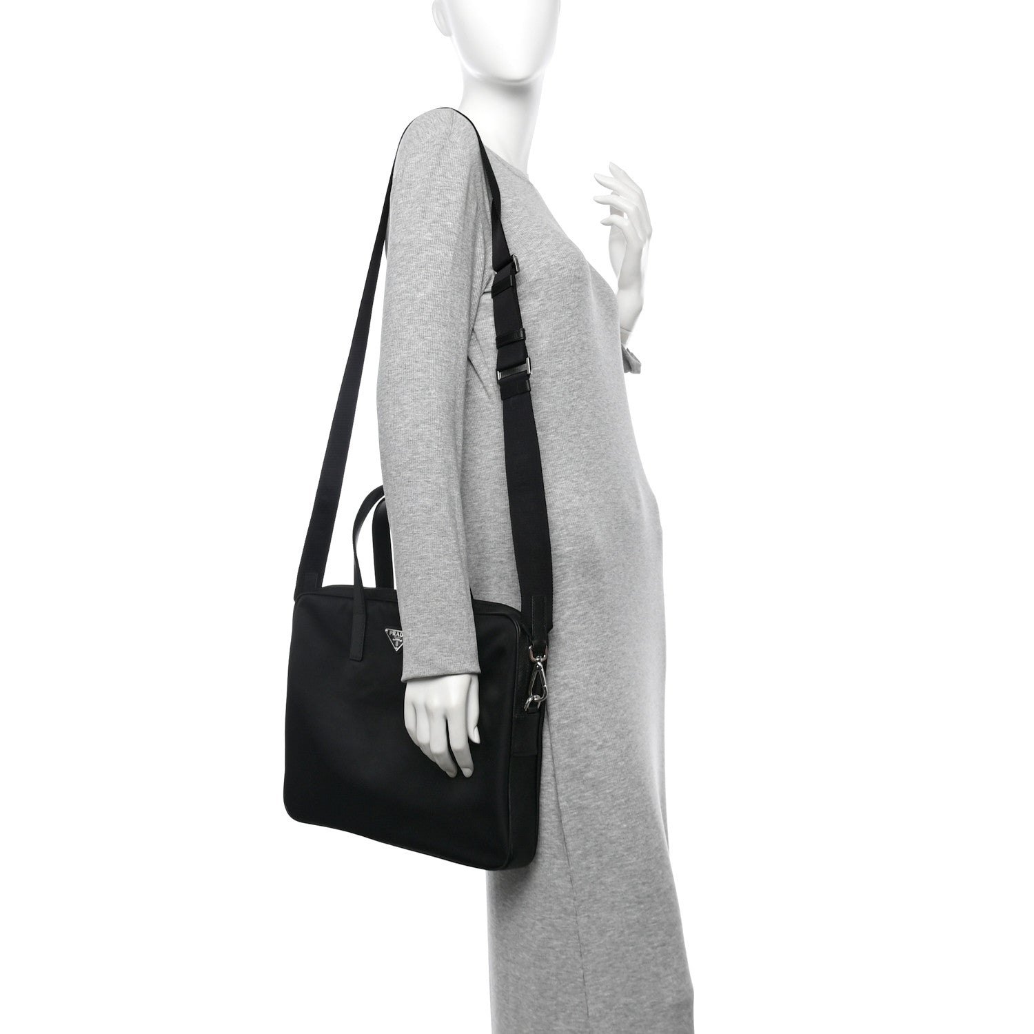Re-Nylon Saffiano Metal Triangle Logo Briefcase Black