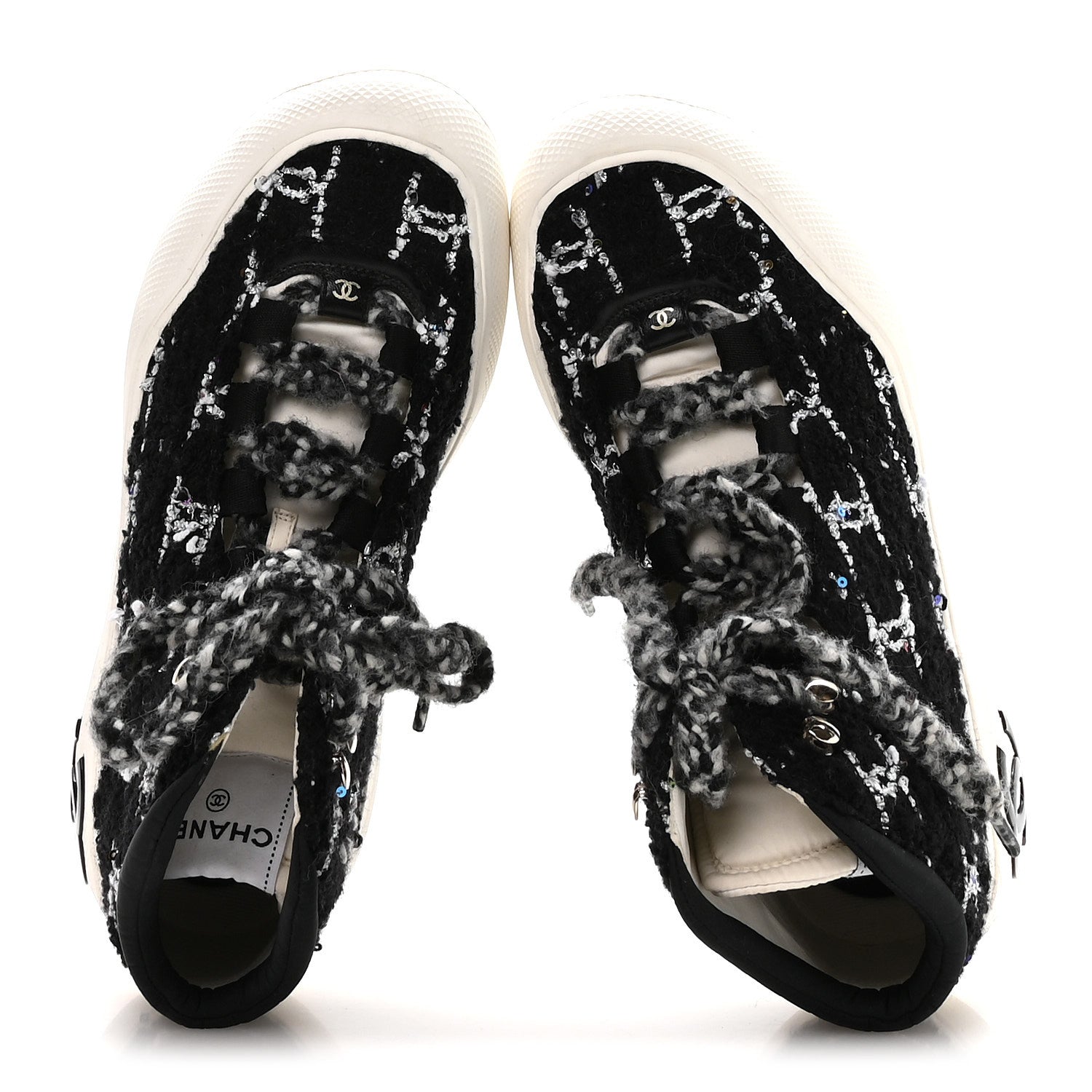 Tweed Sequins CC Lace Up Ankle Snow Boots 40 Black White