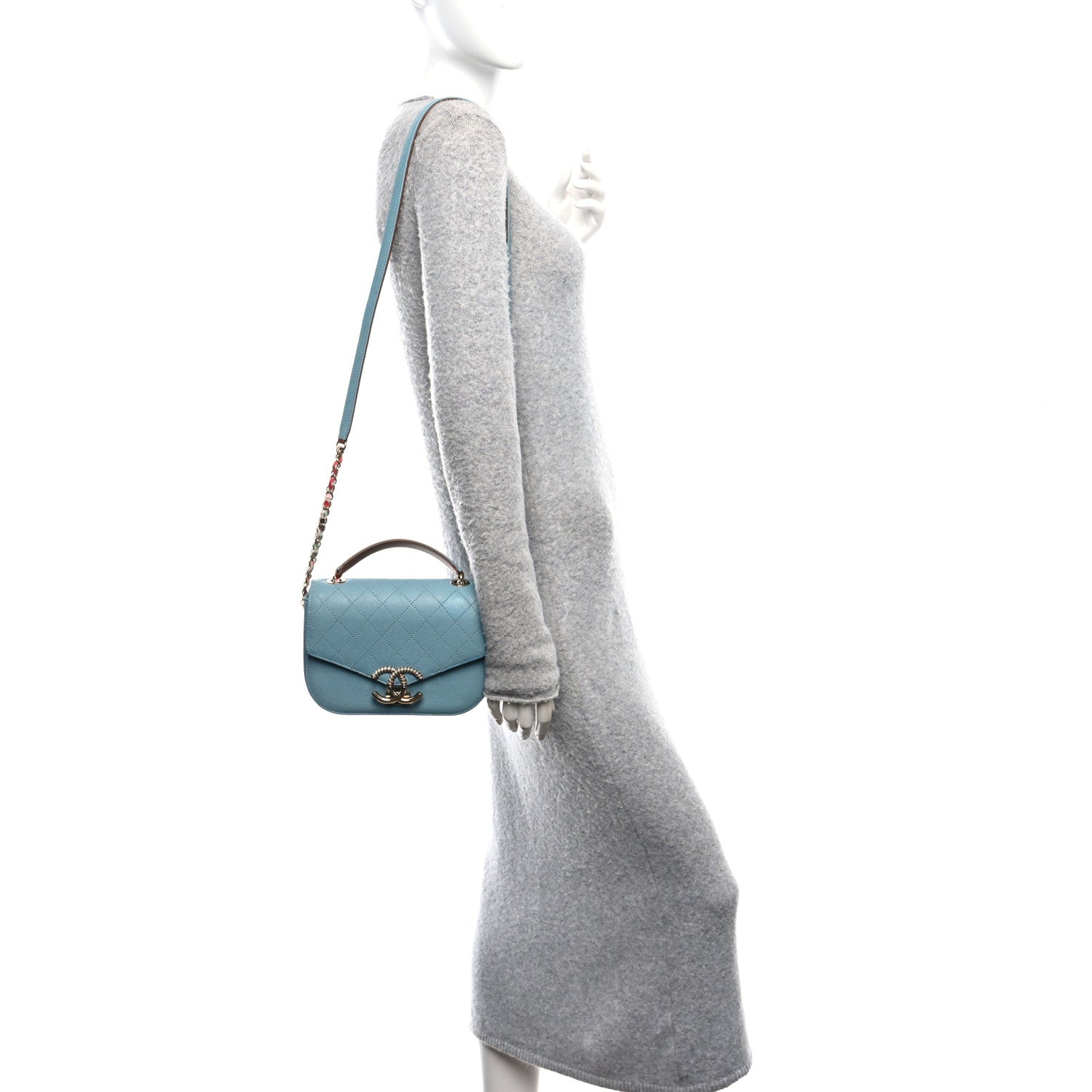 Grained Calfskin Quilted Small Cuba Top Handle Flap Blue