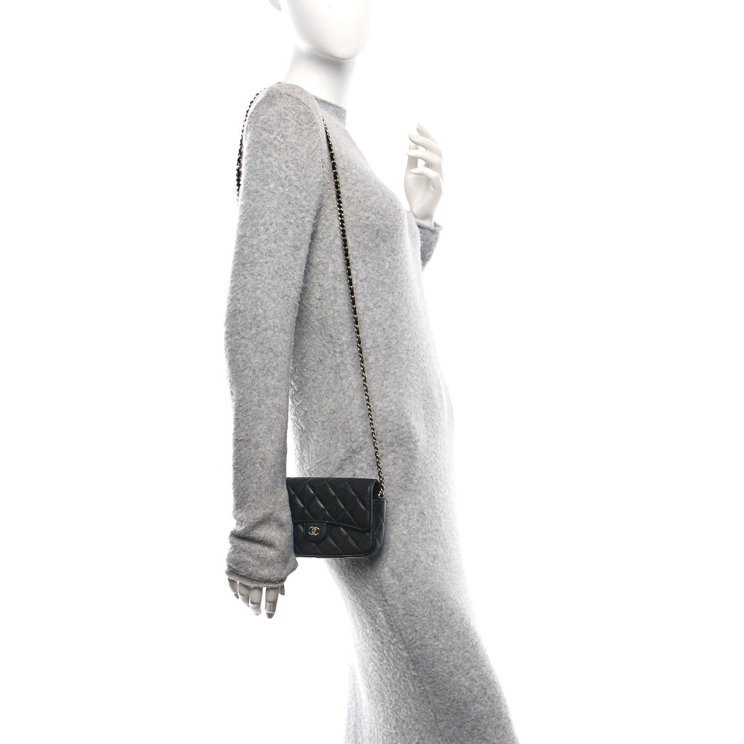 Caviar Quilted Flap Phone Holder With Chain Black