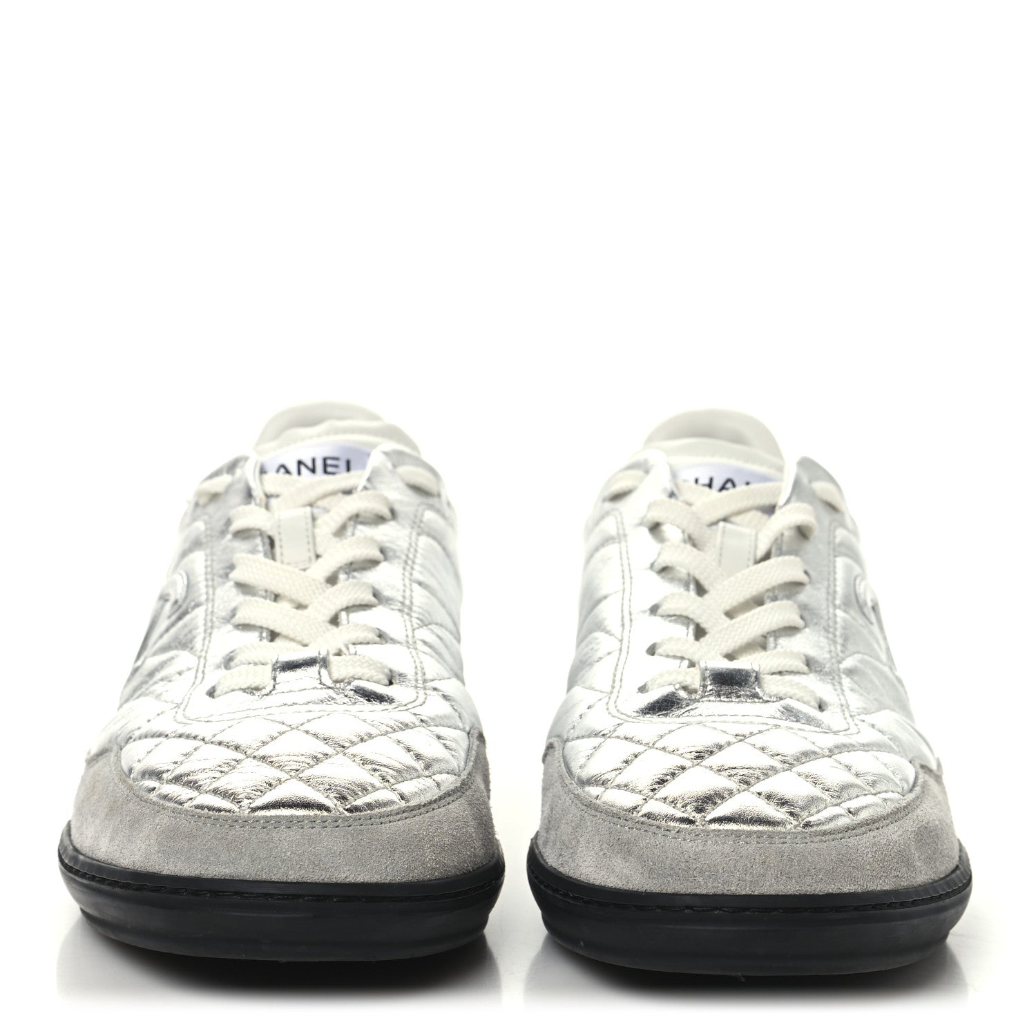 Laminated Calfskin Suede Quilted Womens CC Sneakers 41 Silver White Gray