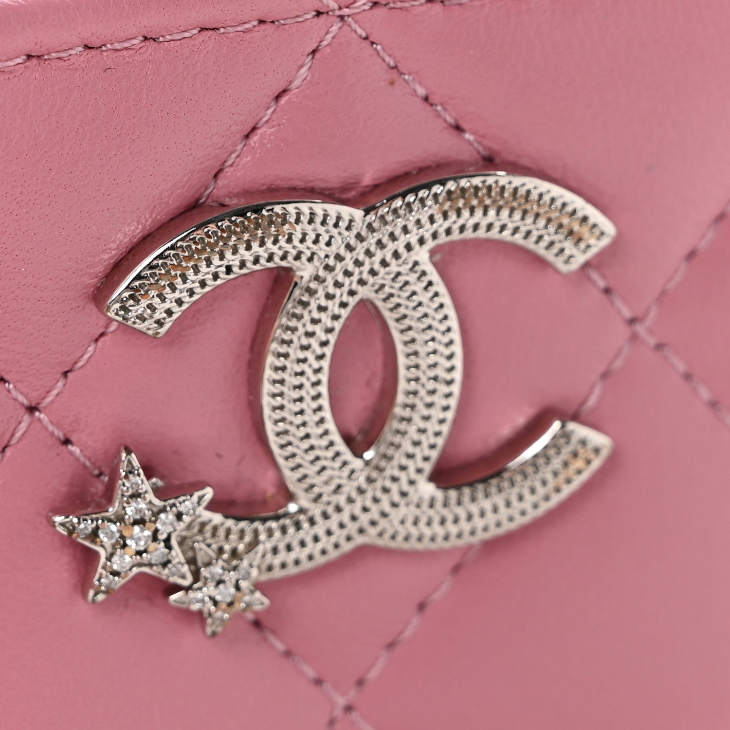 Lambskin Quilted Crystal Star Card Holder Pink