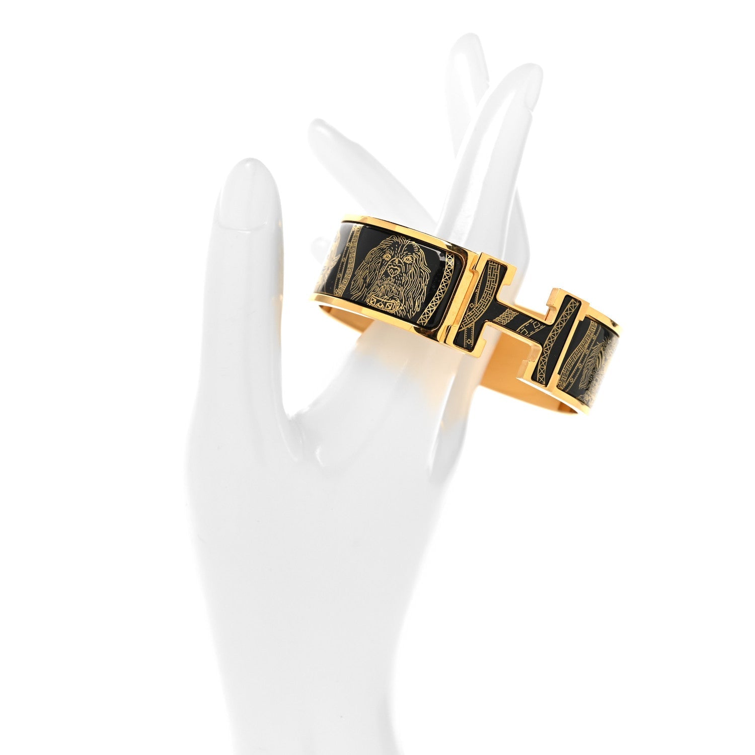 Enamel Printed Wide Dogs Clic Clac H Bracelet GM Black Gold