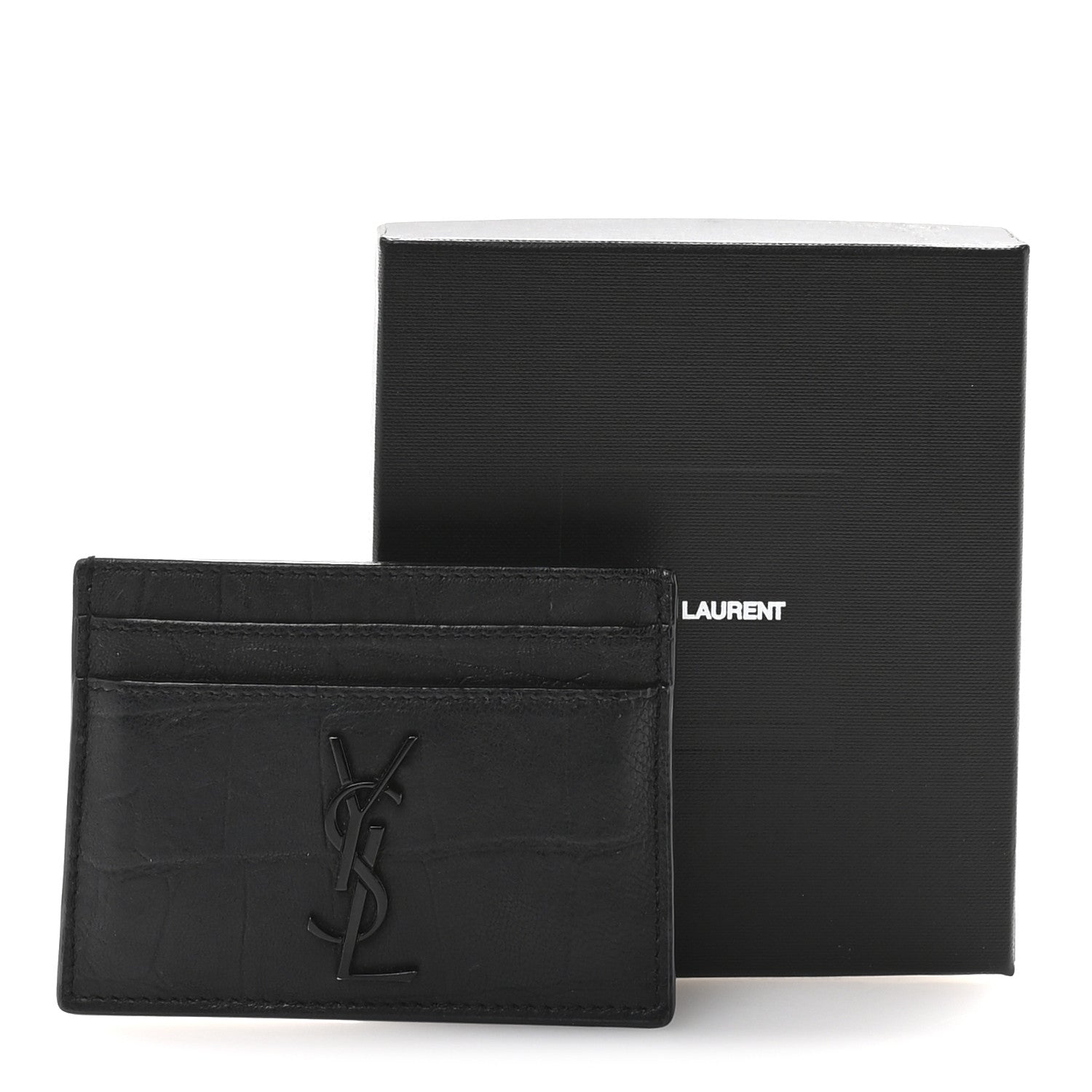 Calfskin Crocodile Embossed Monogram Credit Card Case Black
