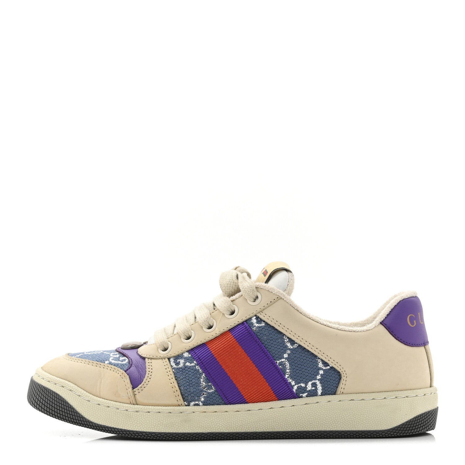Calfskin Lame GG Monogram Web Womens Screener Sneakers 37.5 Blue Silver Dusty Milk Shine Purple