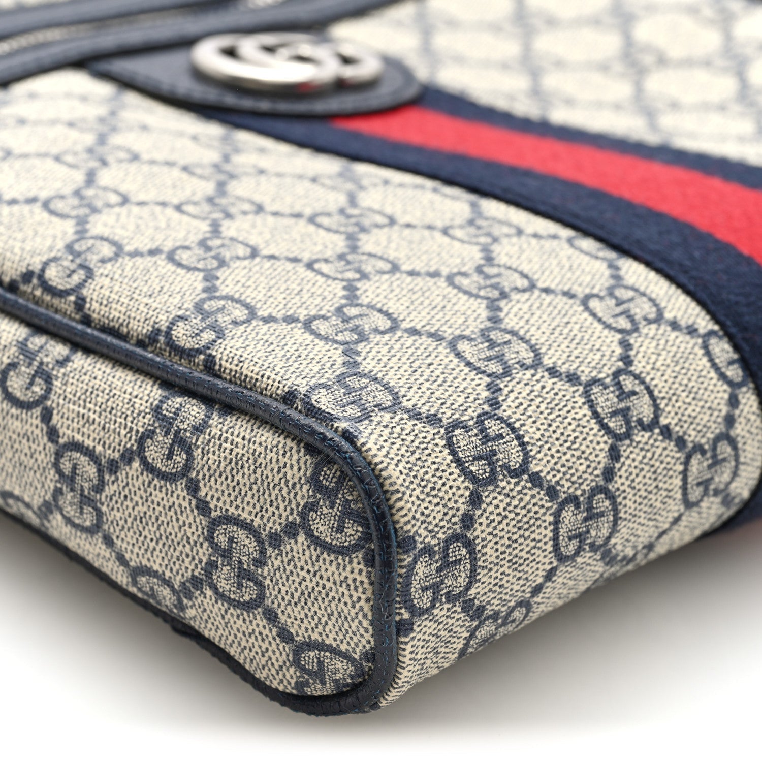 GG Supreme Monogram Textured Dollar Calfskin Web Small Ophidia Messenger Bag Beige Blue