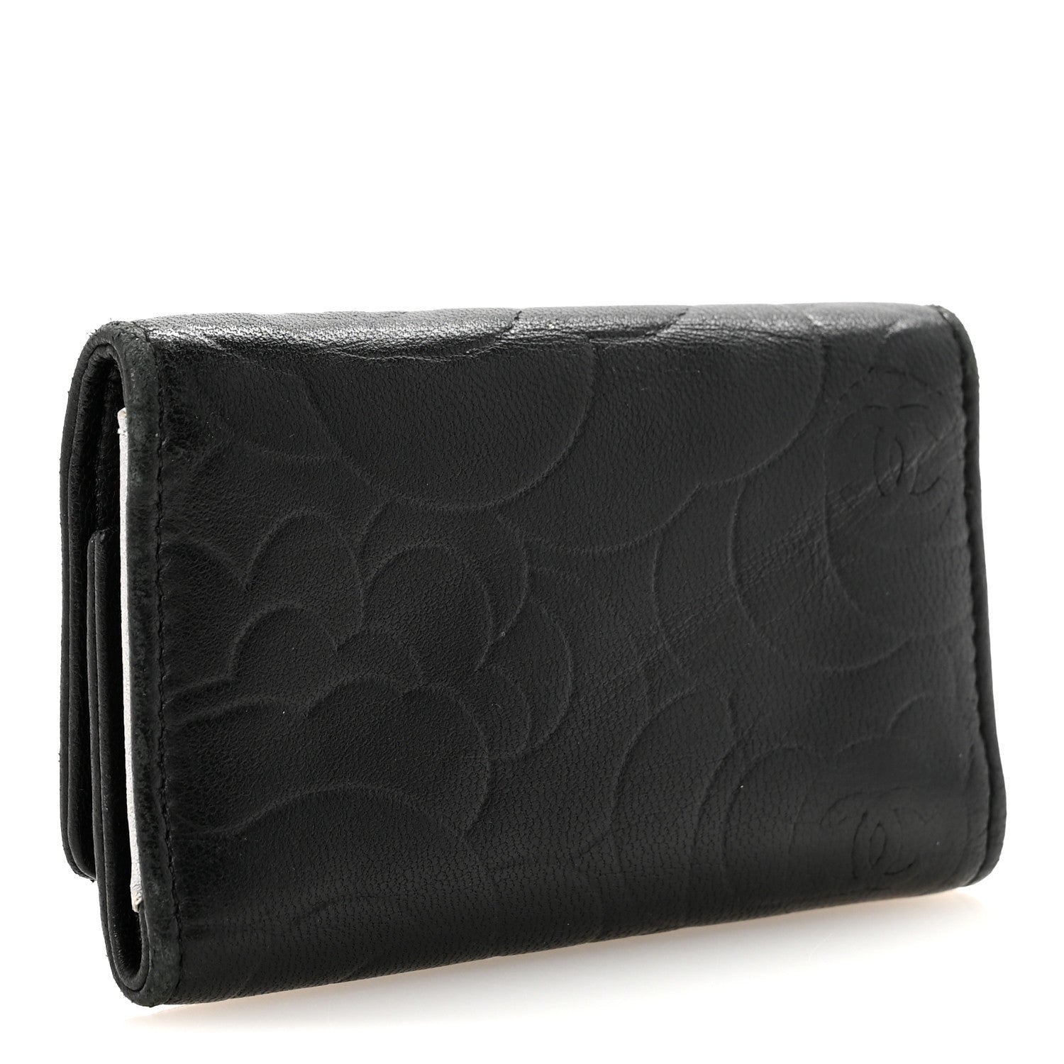Lambskin Camellia Embossed 6 Key Holder Black