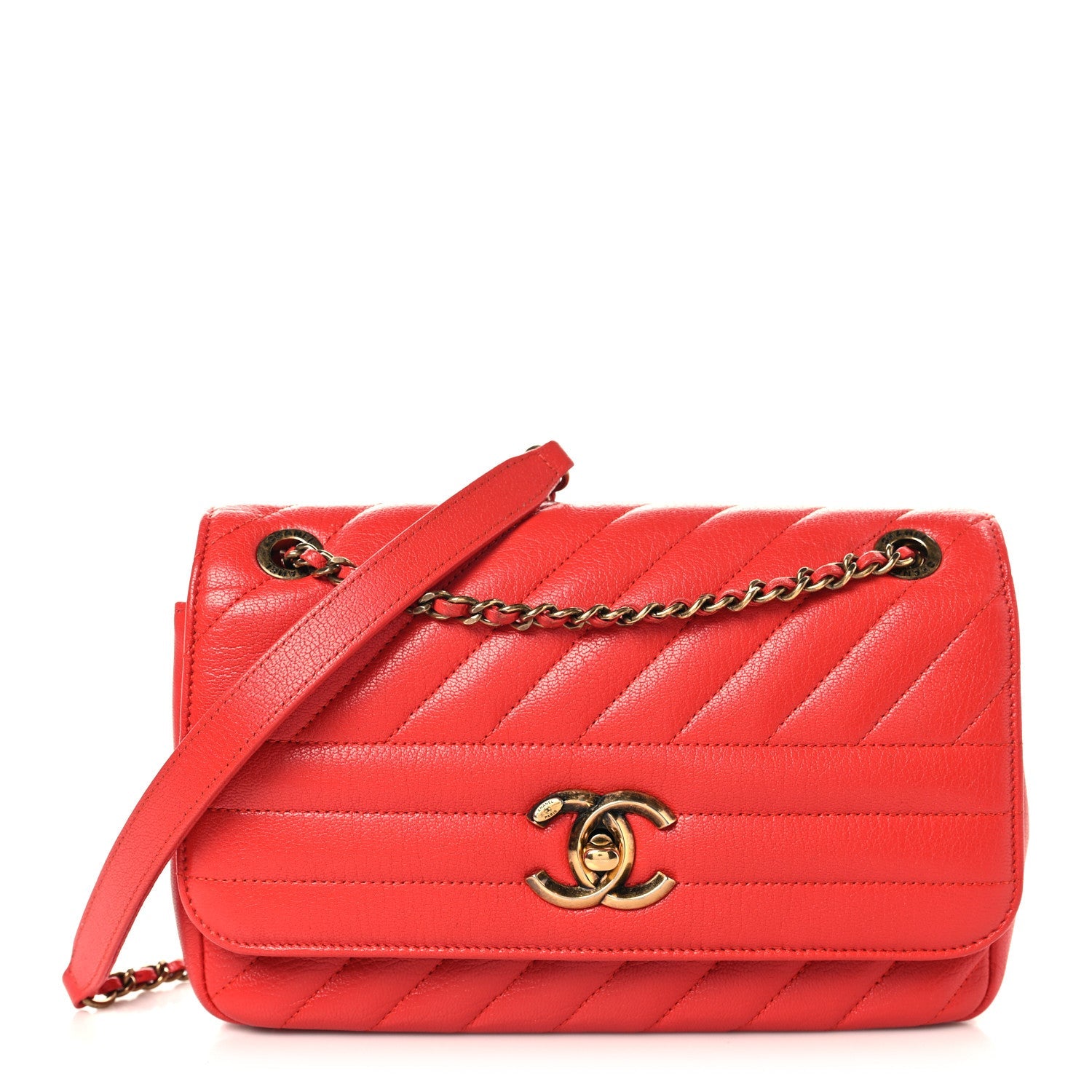 Shiny Goatskin Diagonal Quilted Small Flap Red