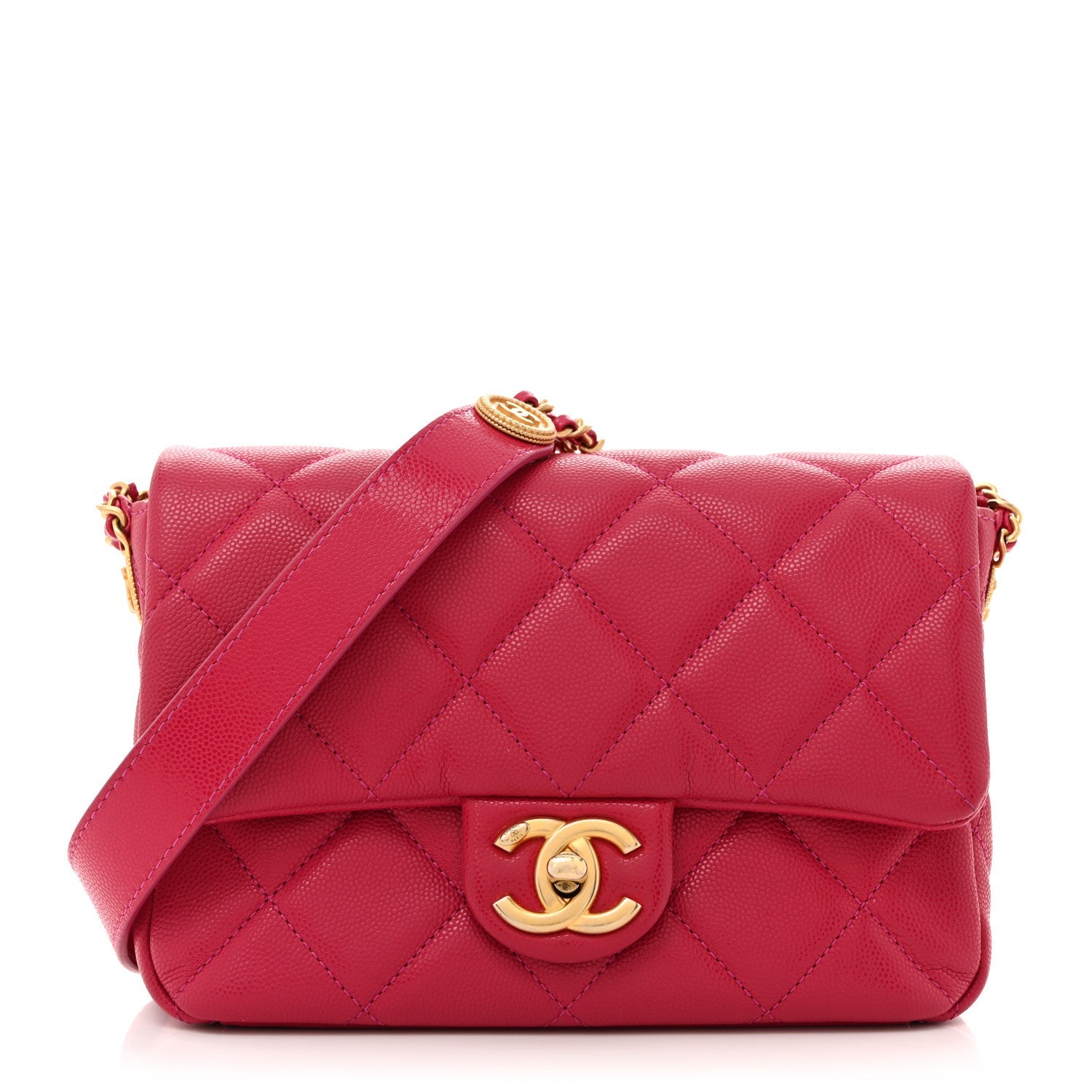 Caviar Quilted Small Twist Your Buttons Flap Fuchsia