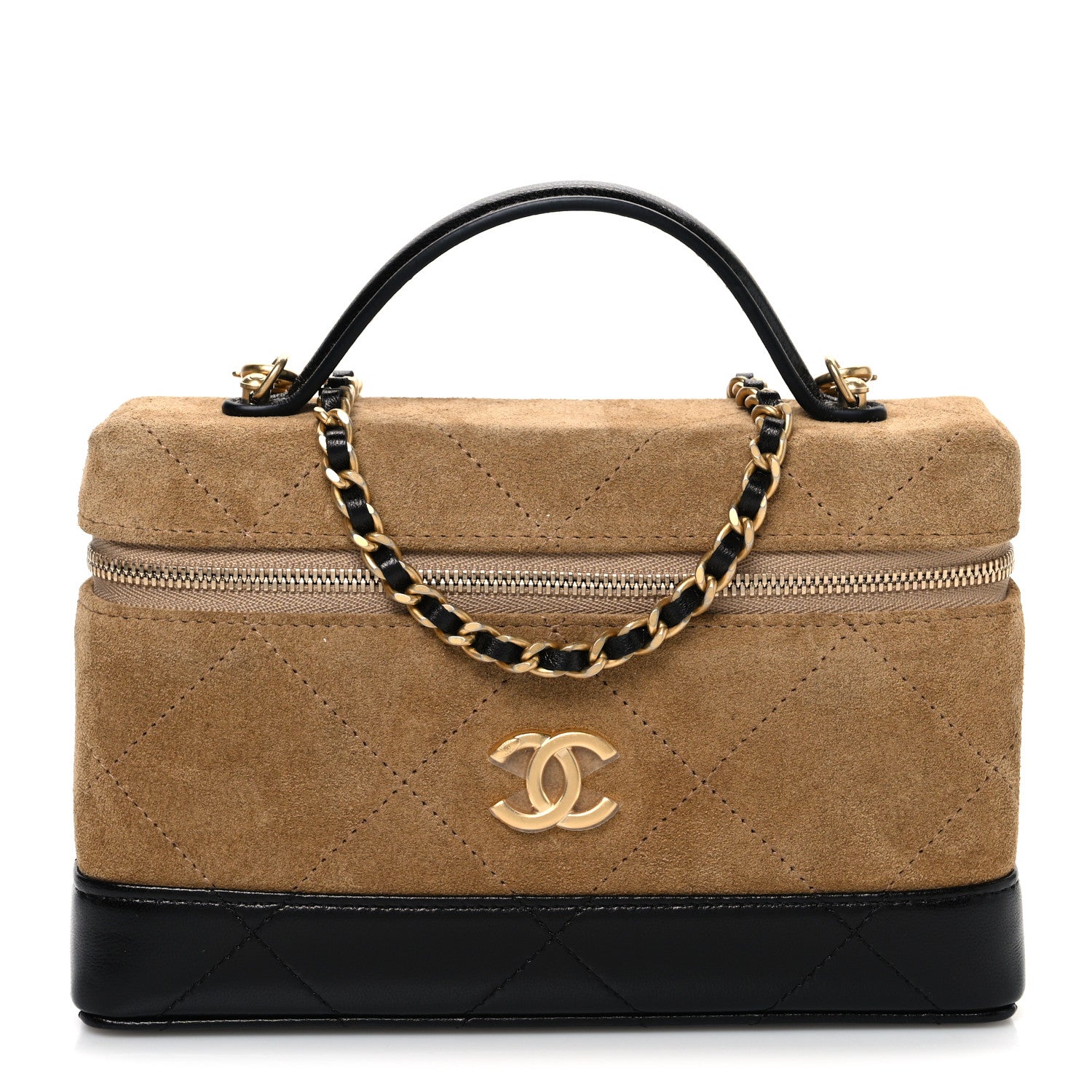 Suede Calfskin Shiny Lambskin Quilted Top Handle Slim Vanity Case With Chain Beige Black