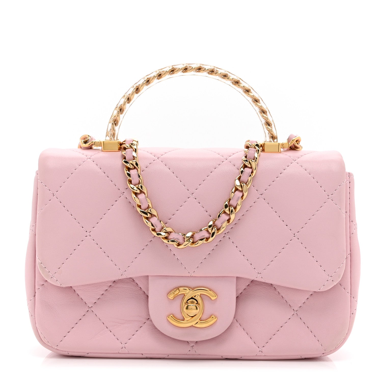 Lambskin Resin Quilted Top Handle Mini Flap Pink