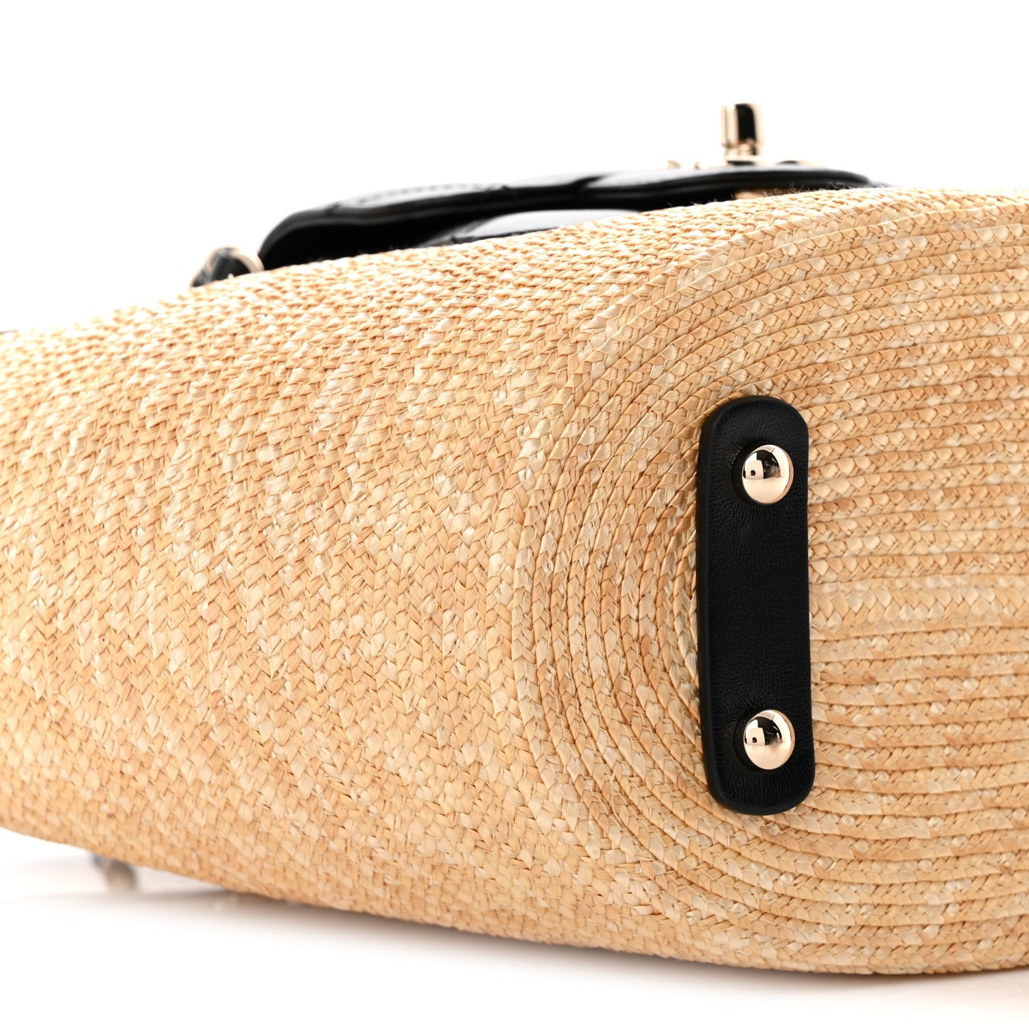 Raffia Braided Lambskin Small Shopping Tote Beige Black