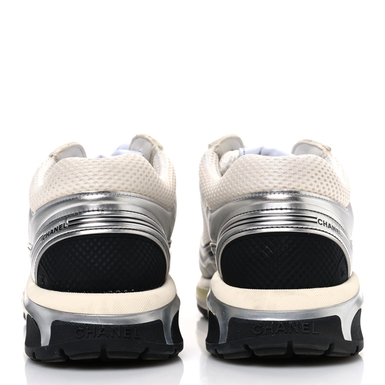 Fabric Laminated Calfskin Stretch CC Womens Sneakers 40 White Silver