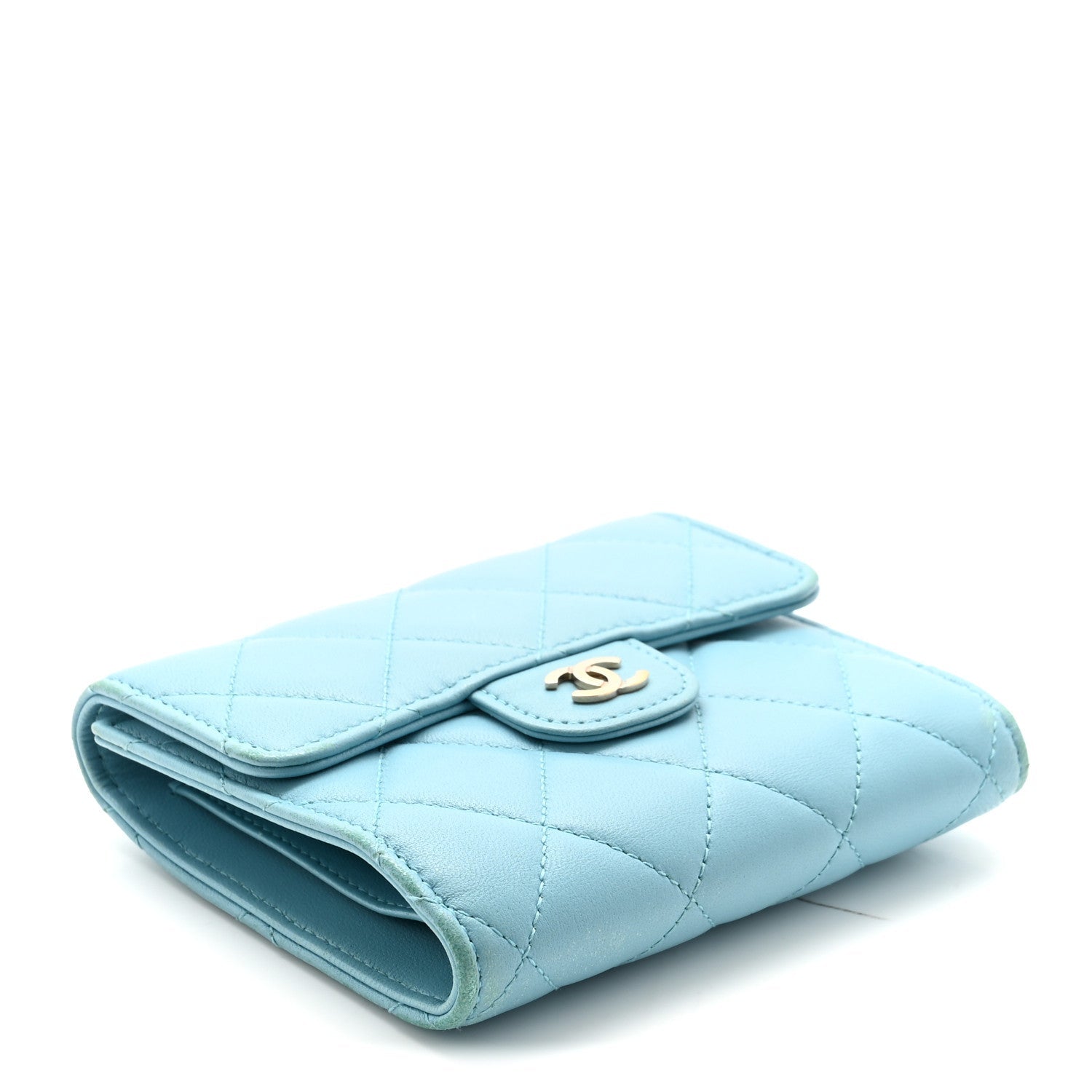 Lambskin Quilted Compact Flap Wallet Light Blue