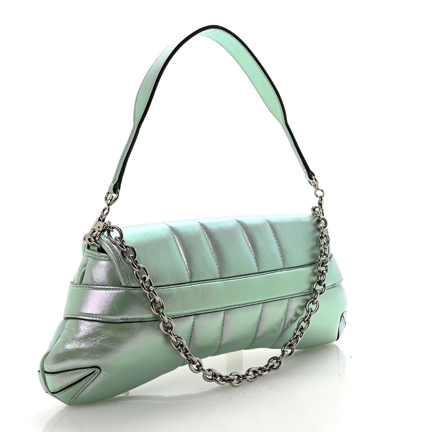 Iridescent Nappa Vertical Matelasse Medium Maxi Horsebit Chain Shoulder Bag Iridescent Salvy Green