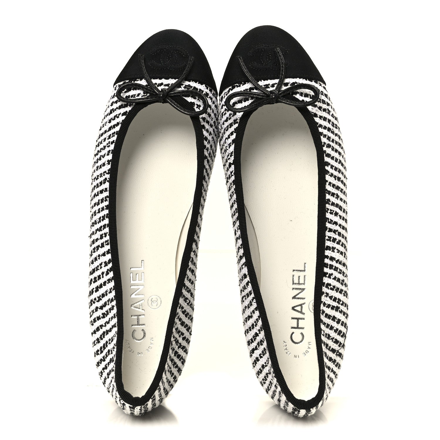 Tweed Sequin Grosgrain Cap Toe Ballerina Flats 39.5 Black White