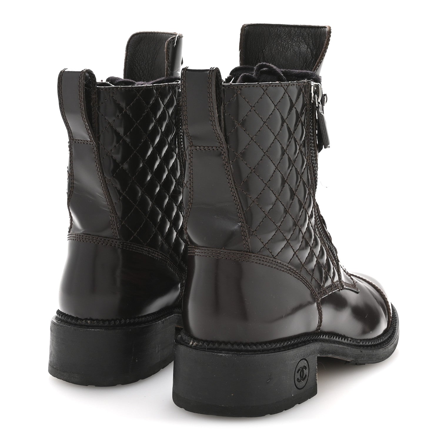 Shiny Calfskin Quilted CC Lace Up Combat Boots 37.5 Dark Burgundy