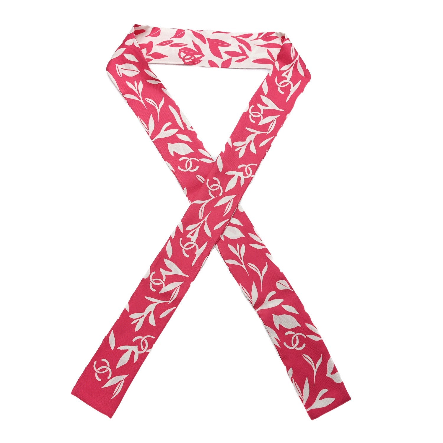 Silk Twill Slim Leaf CC Bandeau Scarf Pink White